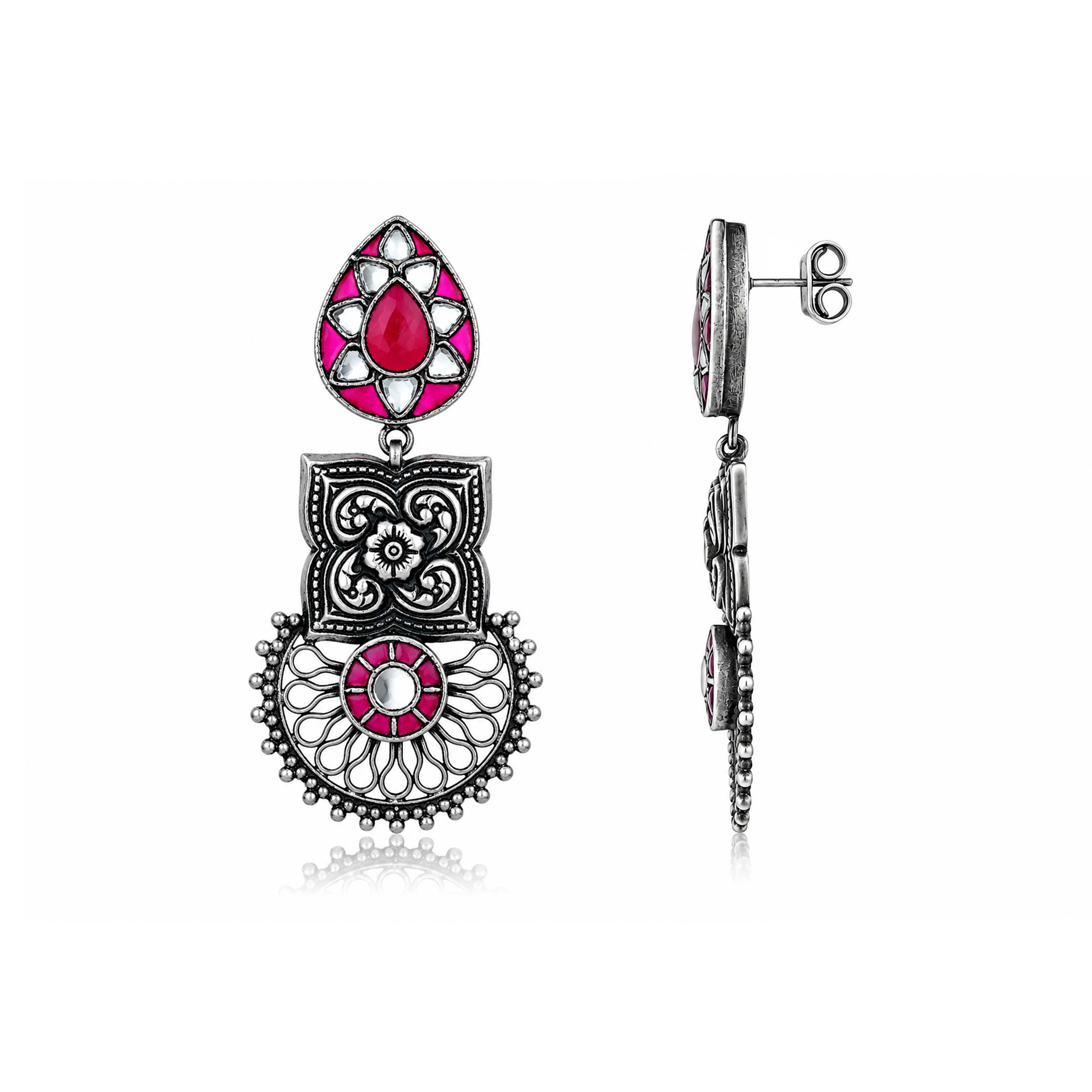 Antique Ruby Lotus 925 Sterling Silver Earring