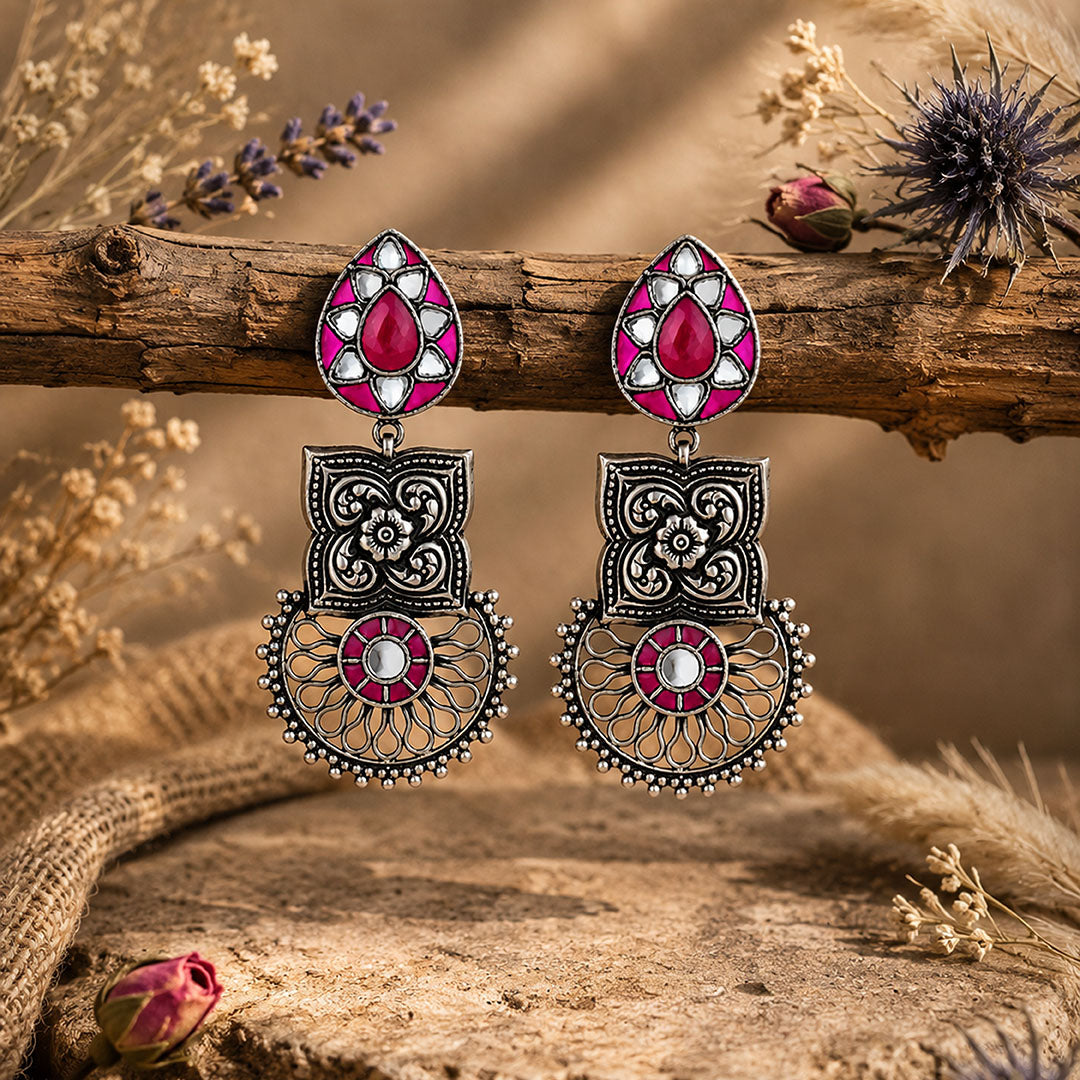 Antique Ruby Lotus 925 Sterling Silver Earring