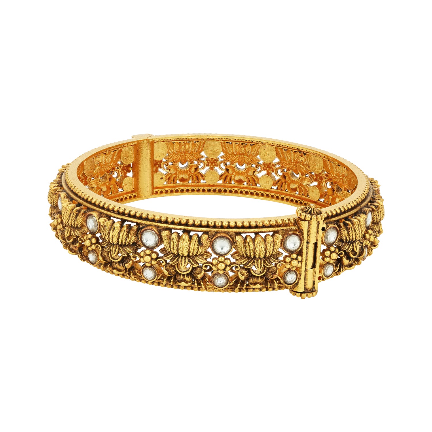 Antique Temple Lotus Cluster 925 sterling Silver Gold Plated Kada for Women