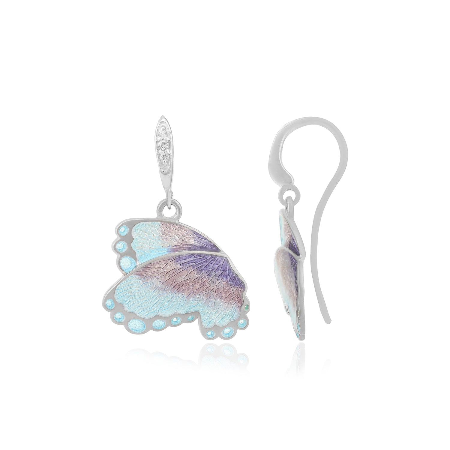 Aqua Blue Butterfly 925 Rhodium Plated Hook Earrings