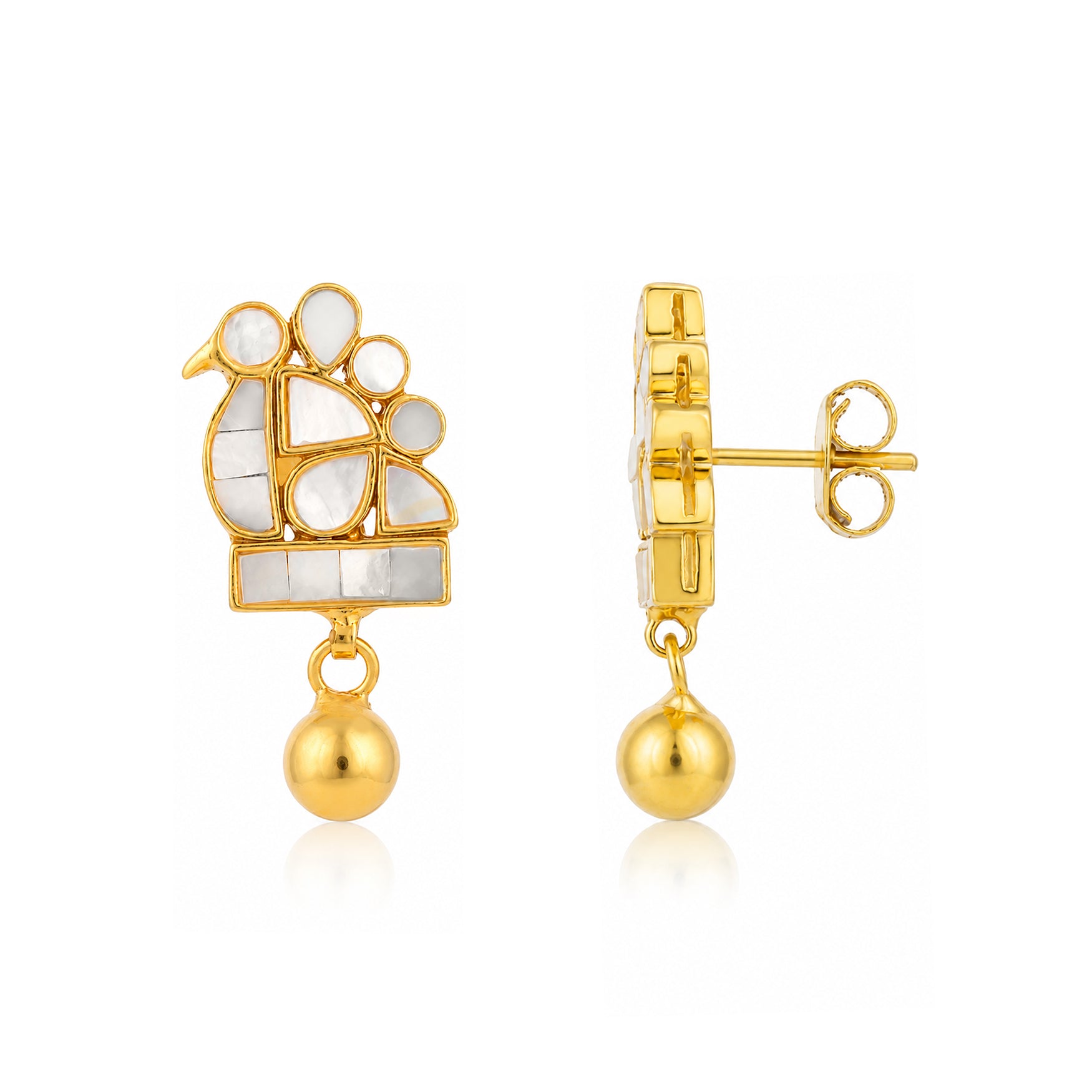 Artistic Golden Bird 925 Sterling Silver Pearl Drop Earrings