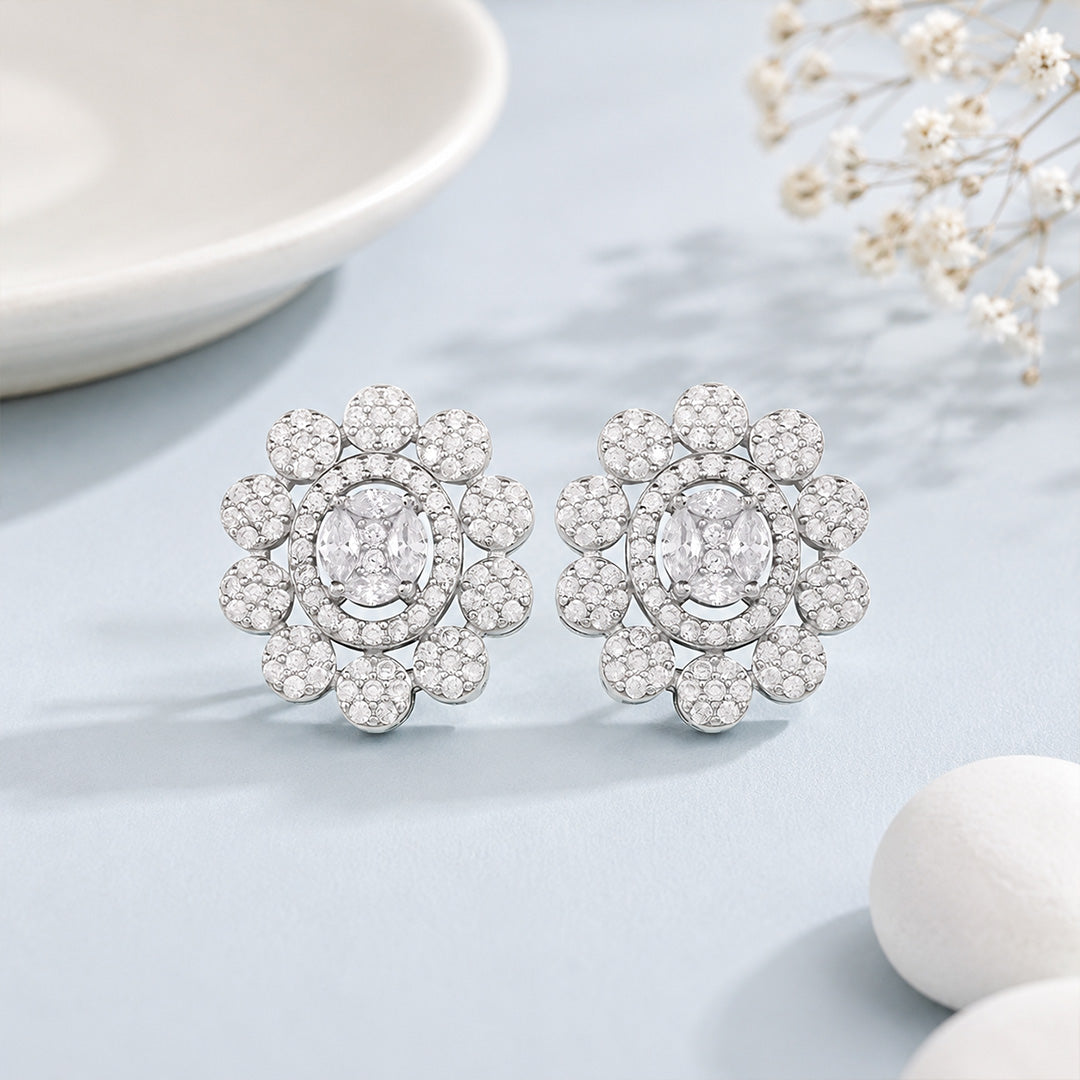 Artistic Floral Oval Cluster 925 Sterling Silver Earring for women