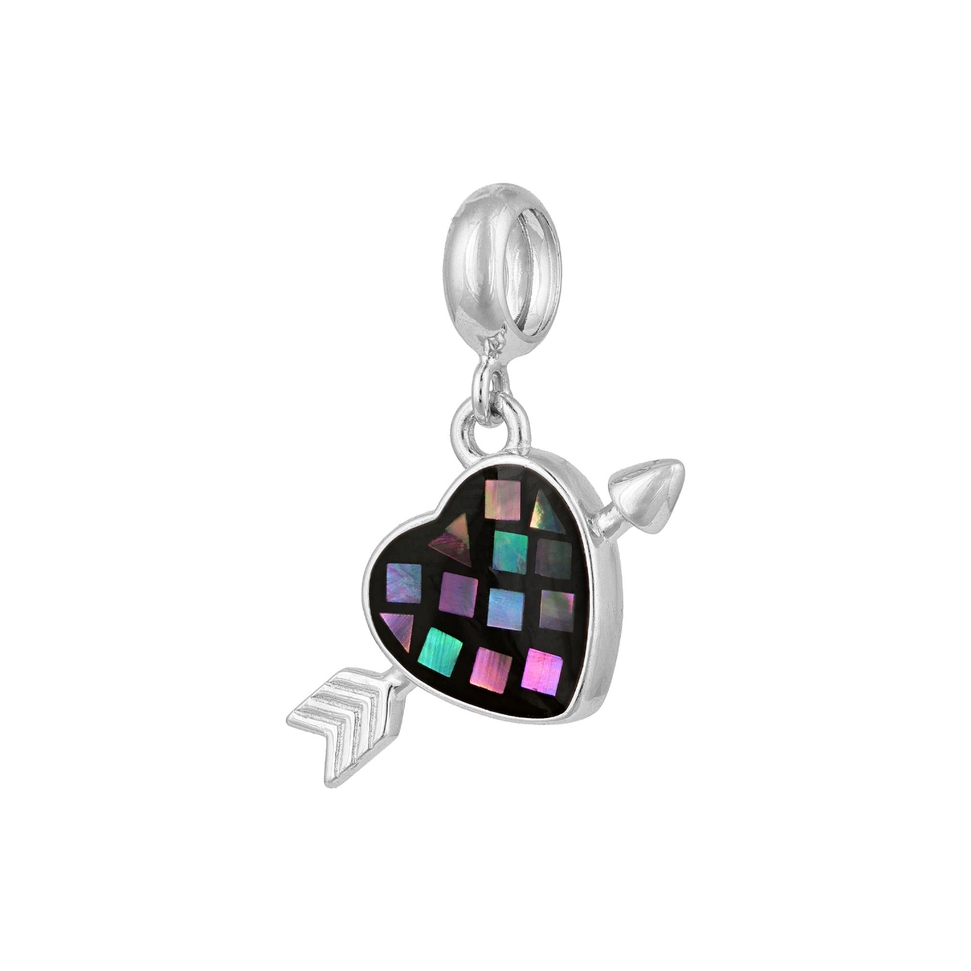 Silver pendant with a heart-shaped gem and arrow design on a white background