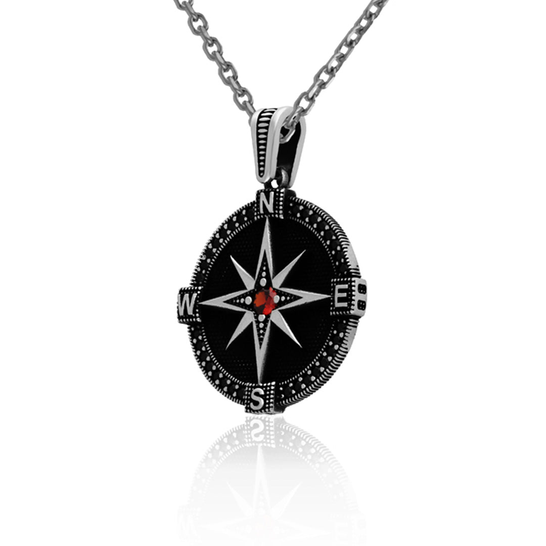 Black Zircon Compass 925 Sterling Silver Pendant