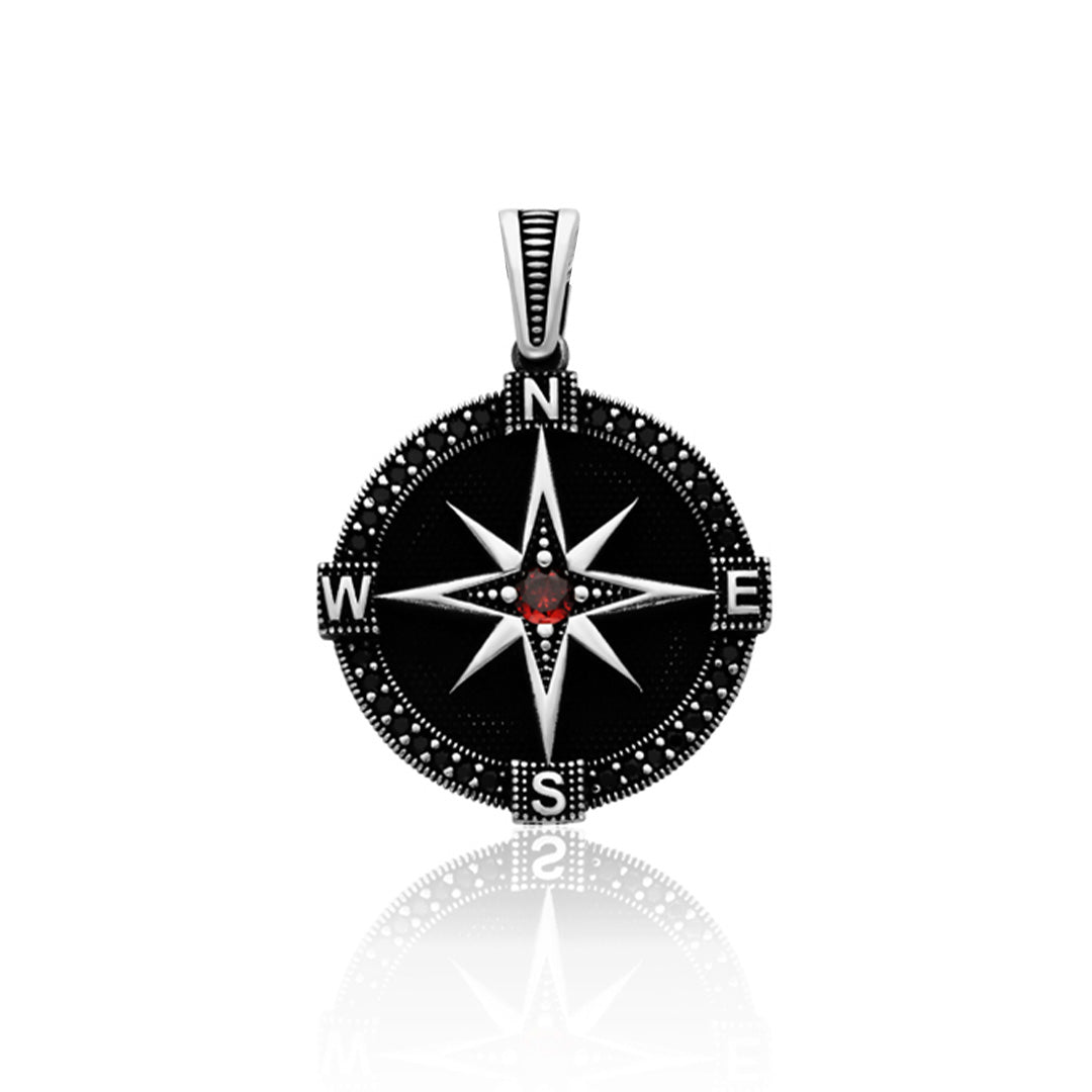 Black Zircon Compass 925 Sterling Silver Pendant