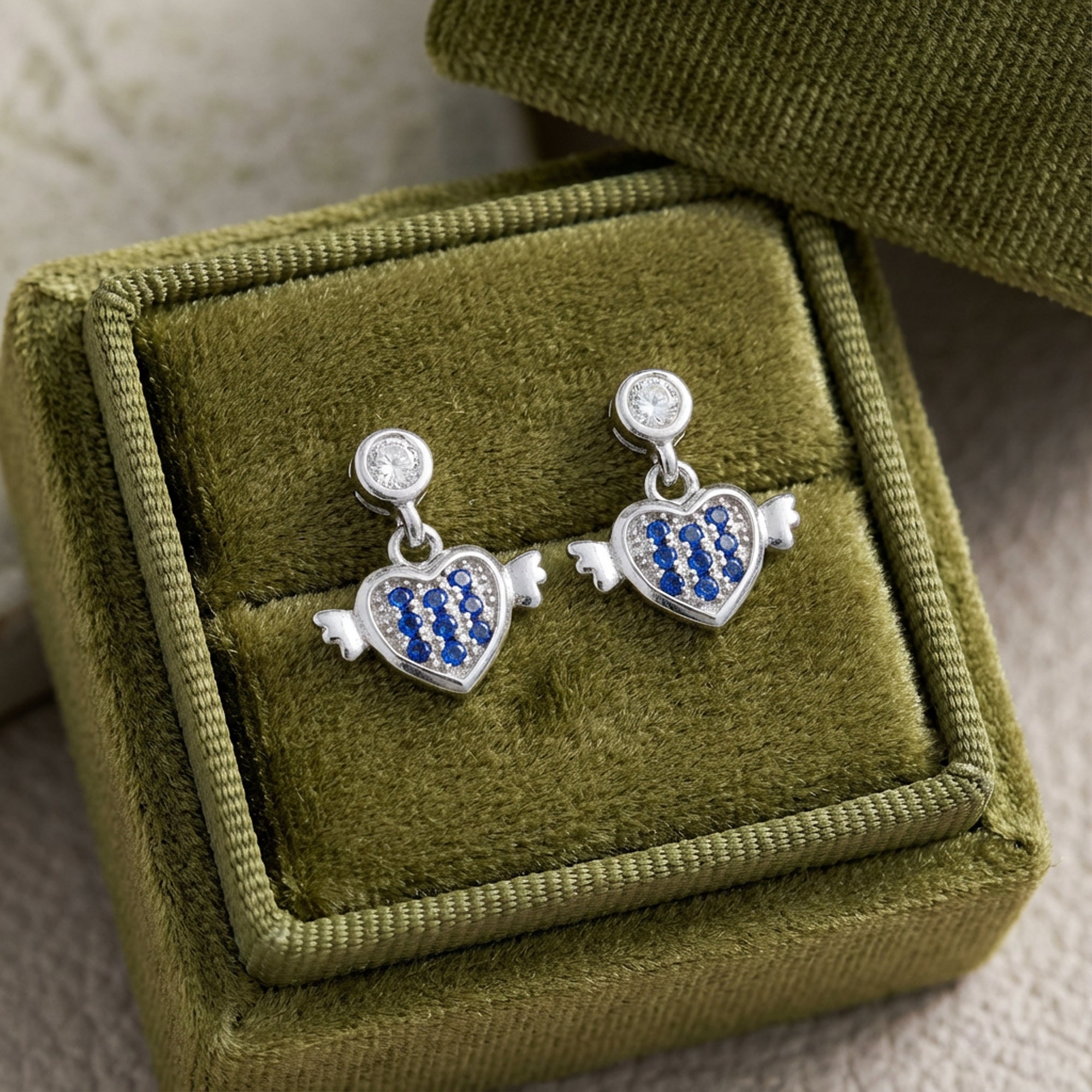 Blue Stone 925 Sterling Silver Winged Heart Drop Earrings for Women