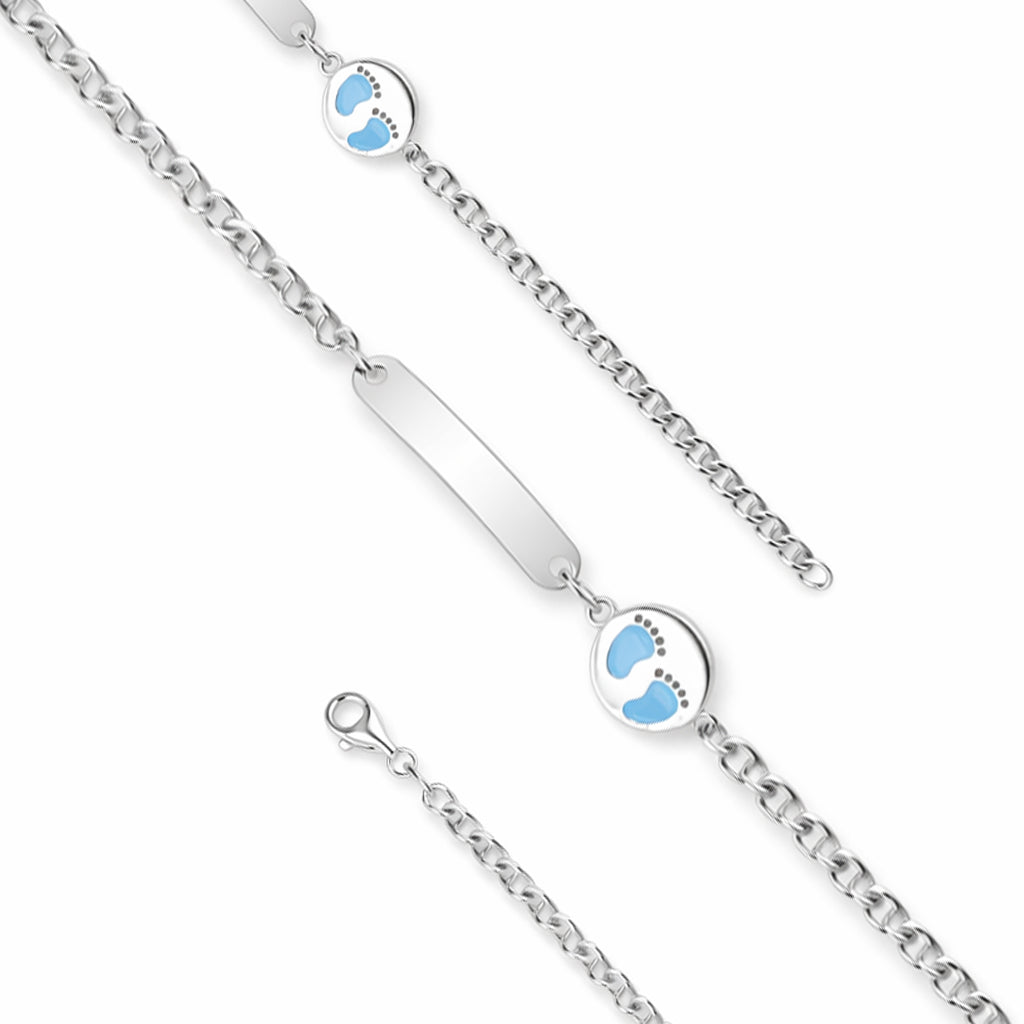 Silver baby anklets with blue footprints on a white background