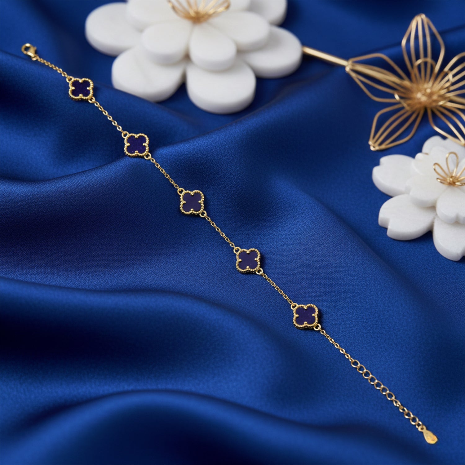 Blue Enamel Clover Silver Bracelet