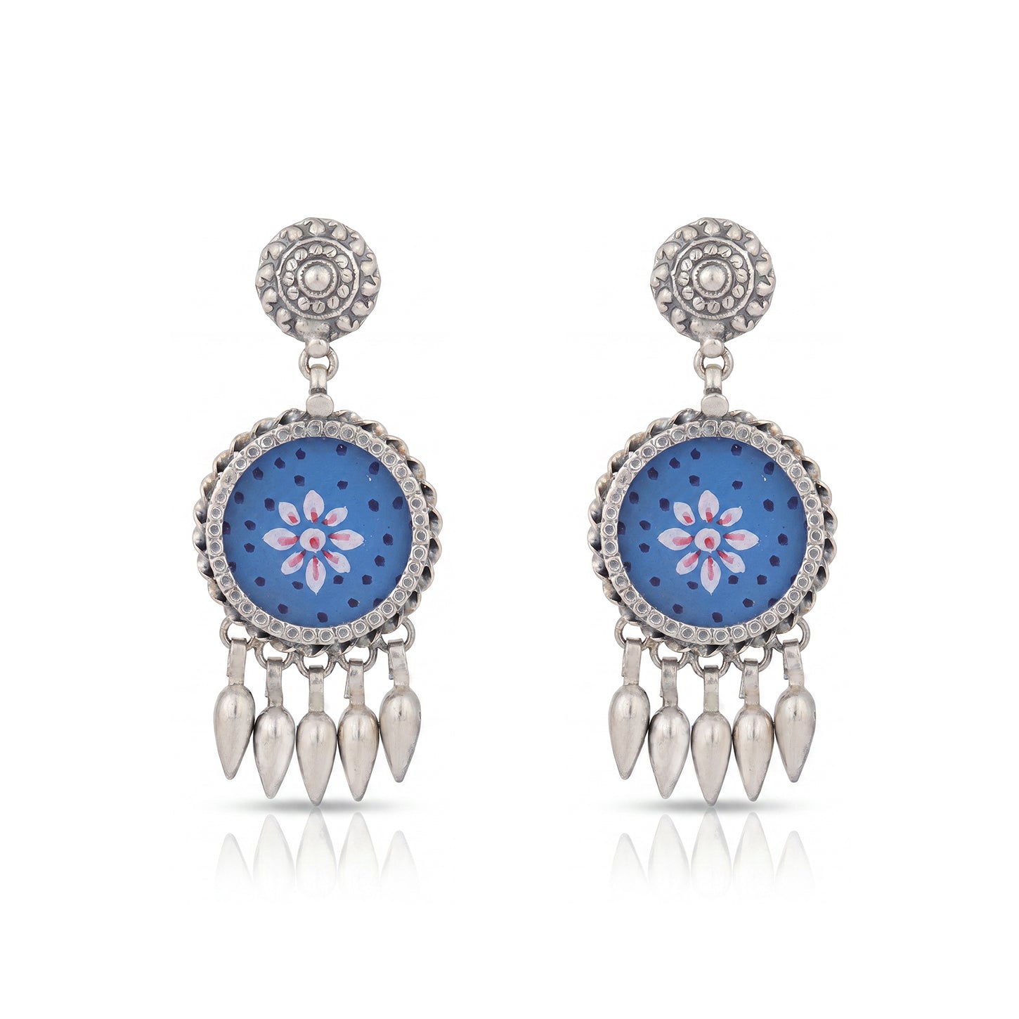 Blue Floral Golden Dangle 925 Sterling Silver Earring