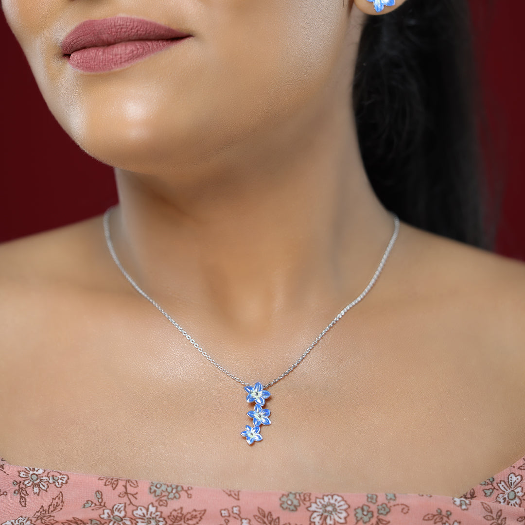 Blue Flower Rhodium Plated 925 Cascade Chain Pendants