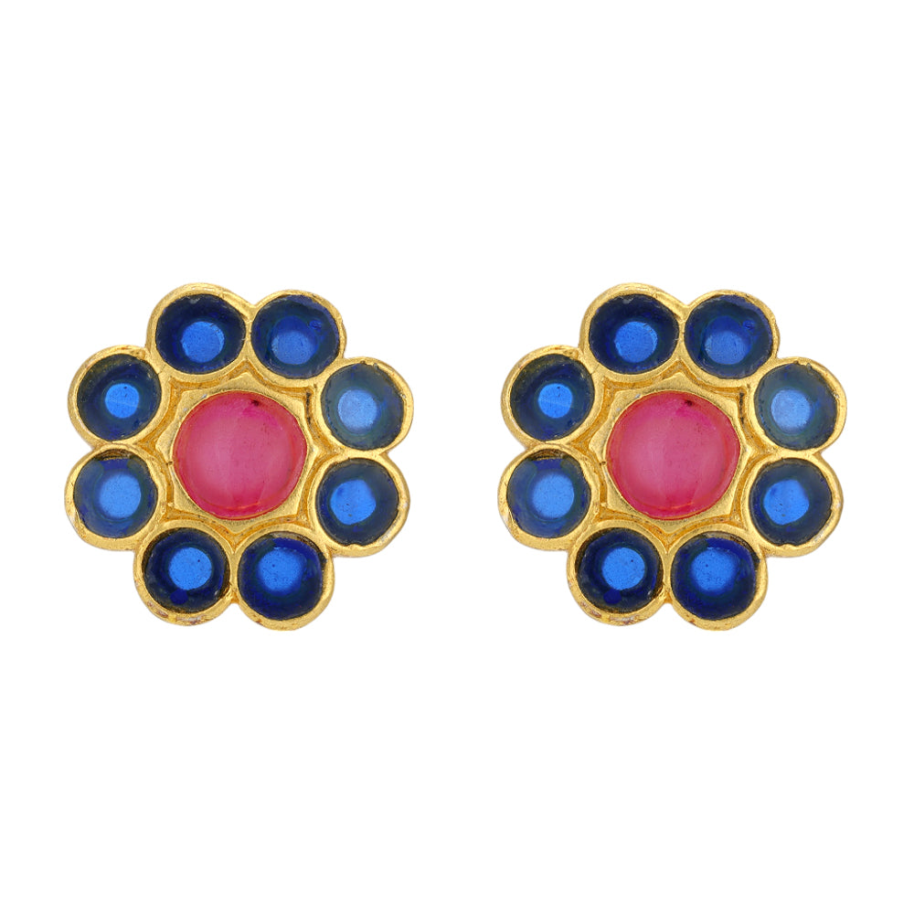 Blue Petals 925 Gold Plated Red Centered Earrings
