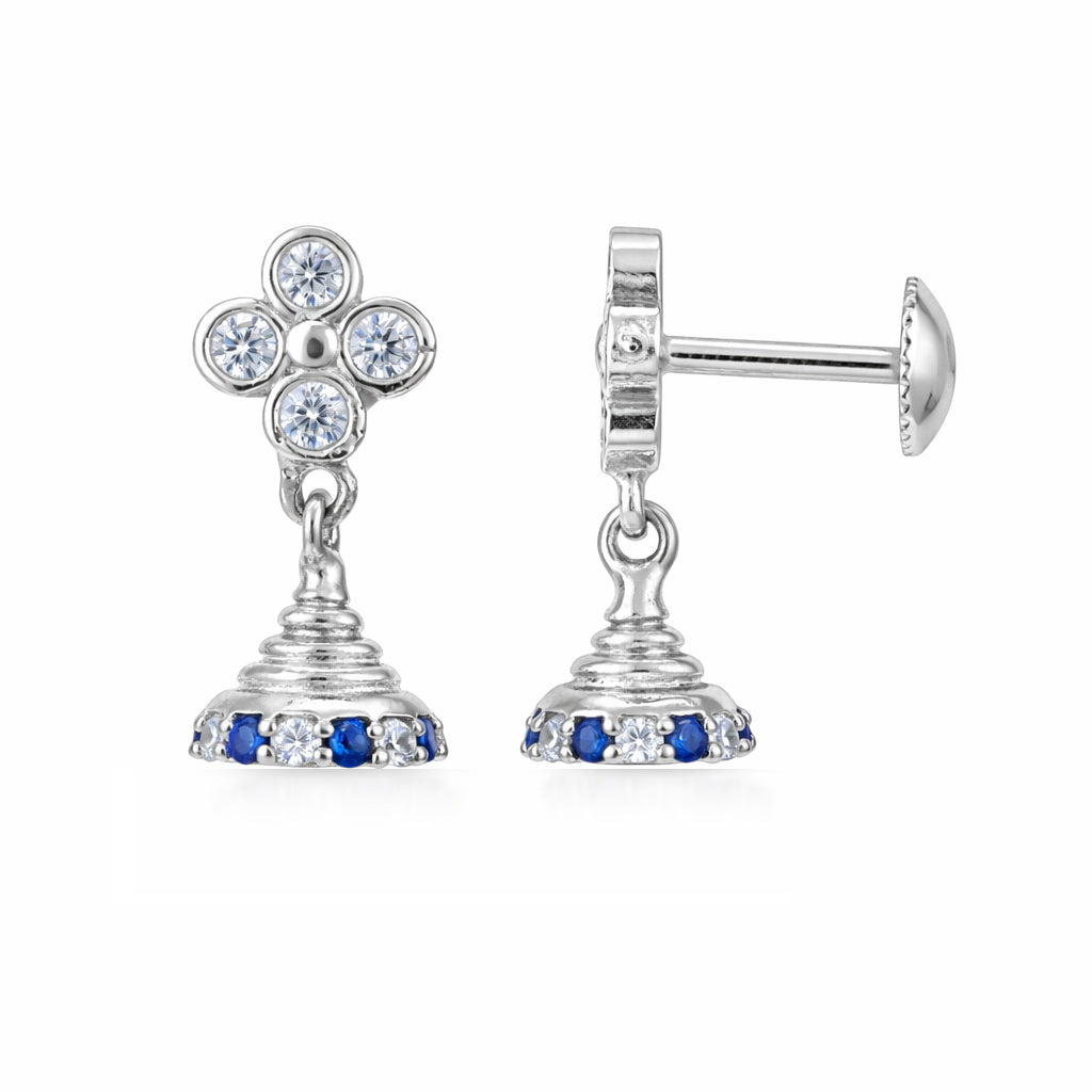 Silver earrings with blue and clear gemstones on a white background