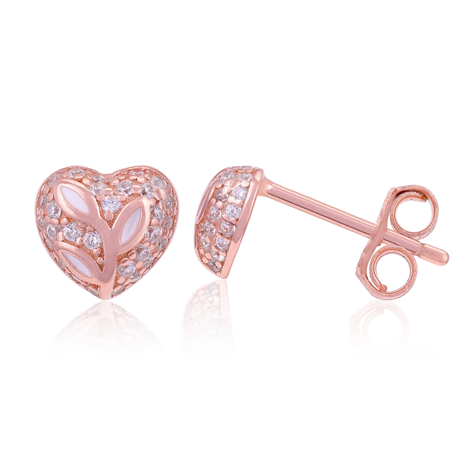 Rose gold heart-shaped earrings with diamond accents on a white background
