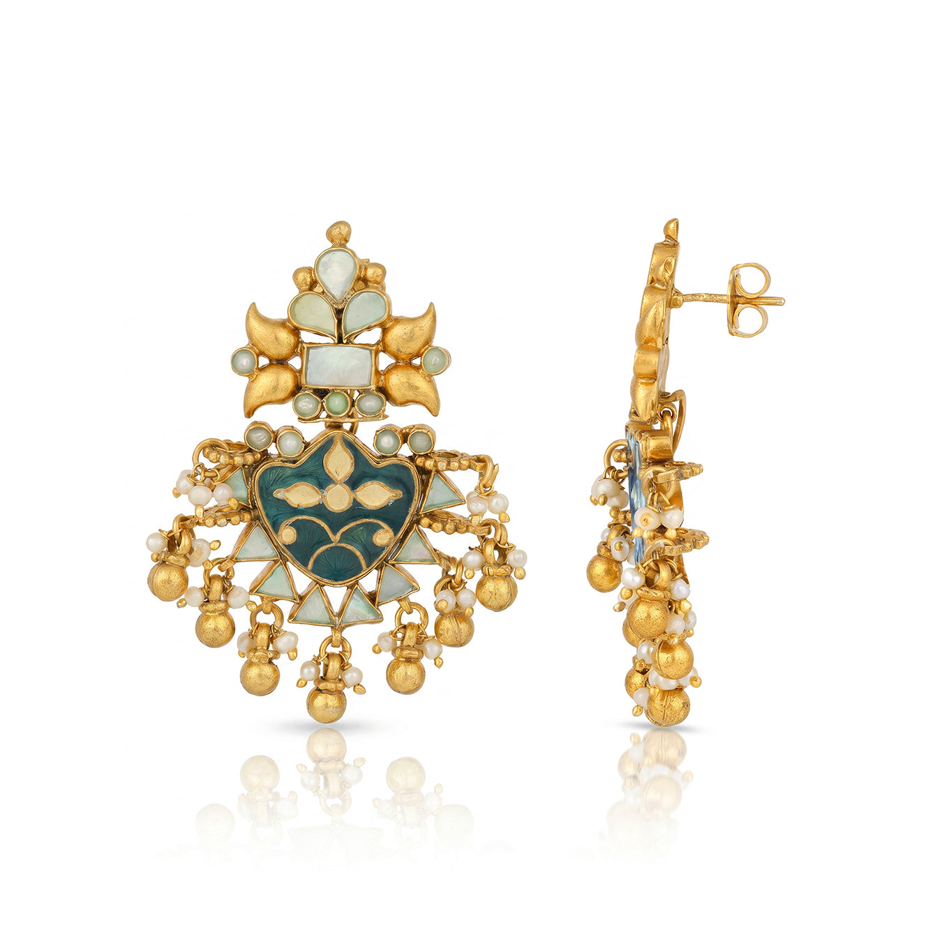Bridal Temple Green Golden Drop 925 Sterling Silver Earring