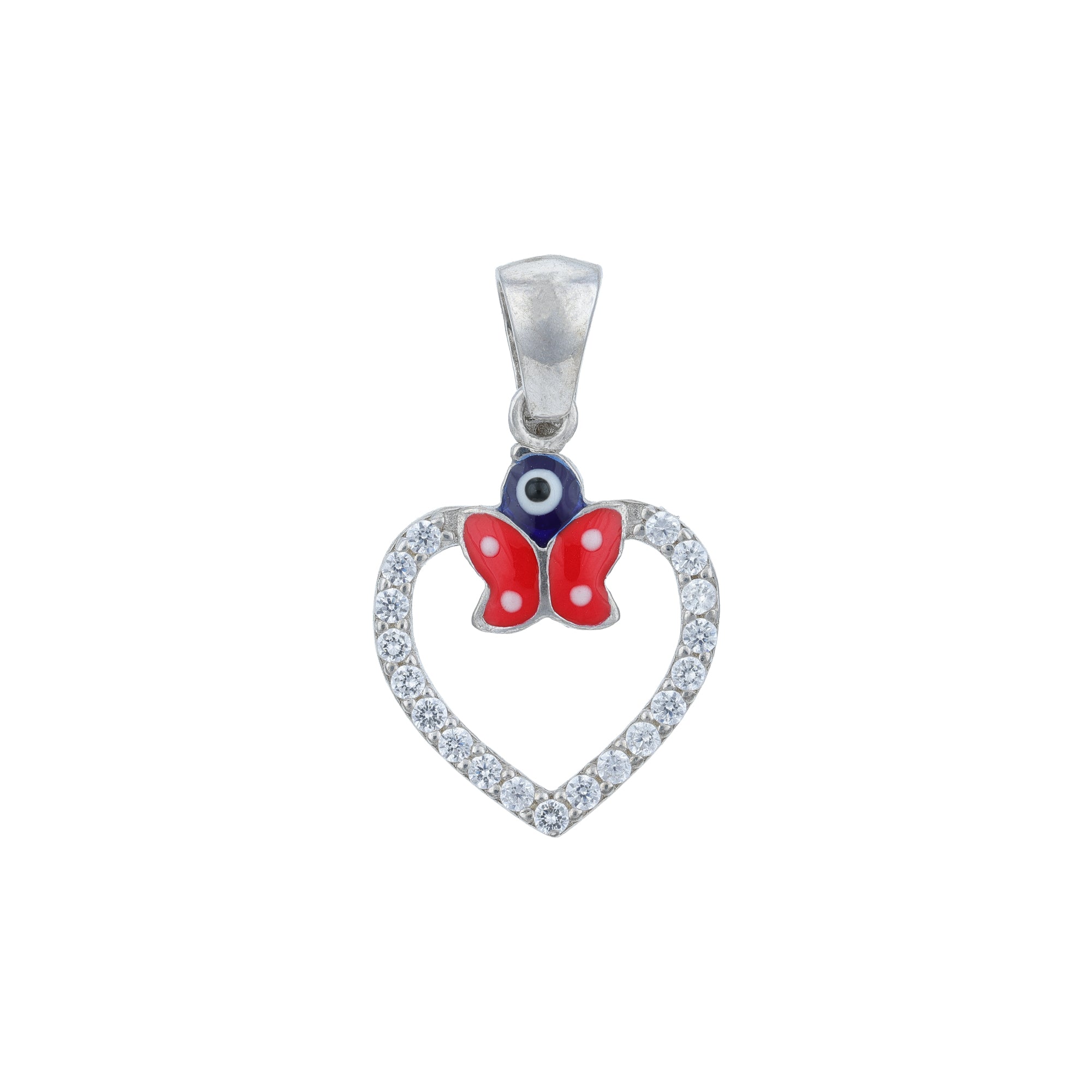 Pendant with heart design, butterfly, and blue eye symbol on a white background