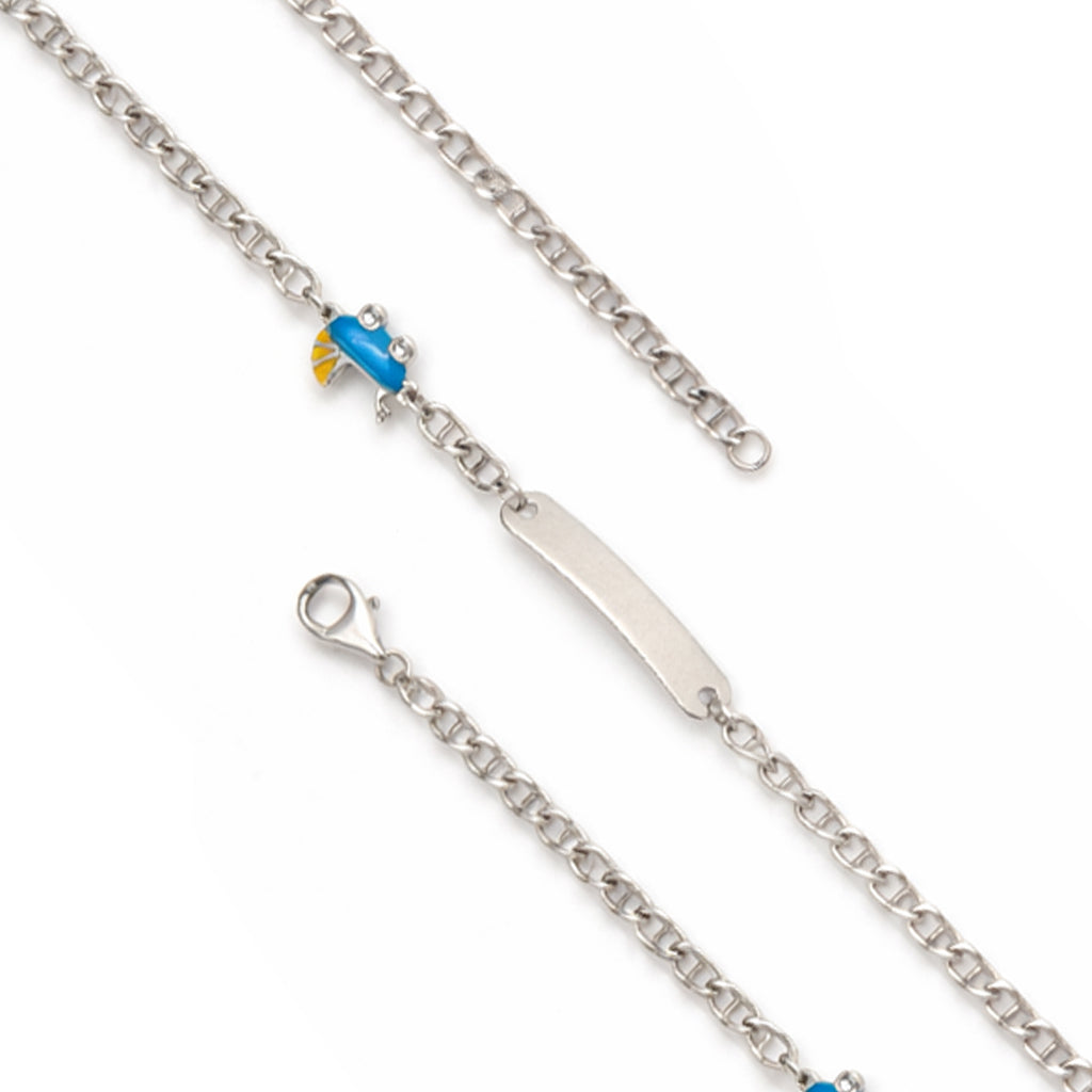 Silver chain bracelet with a blue accent on a white background