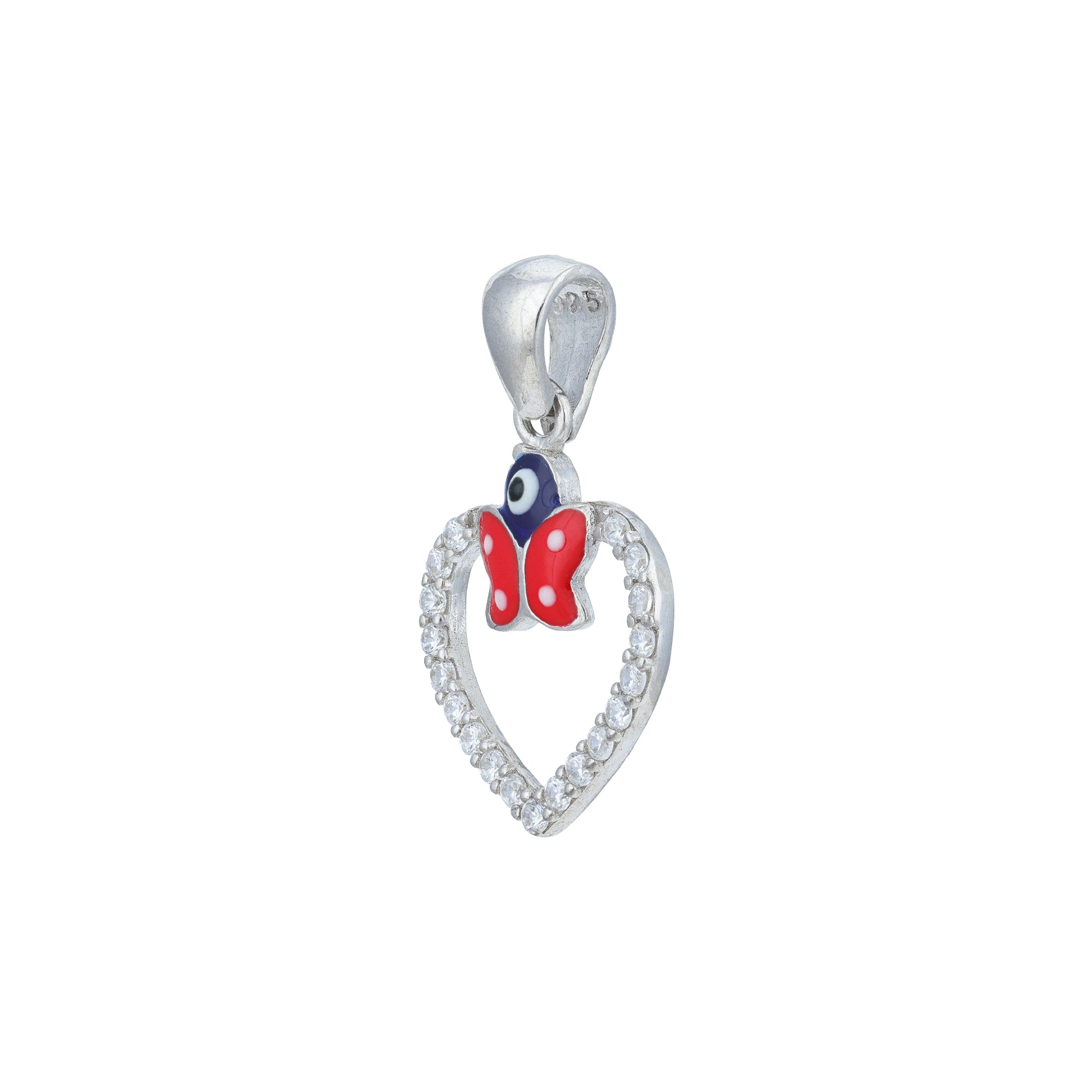Heart-shaped pendant with a butterfly design on a white background