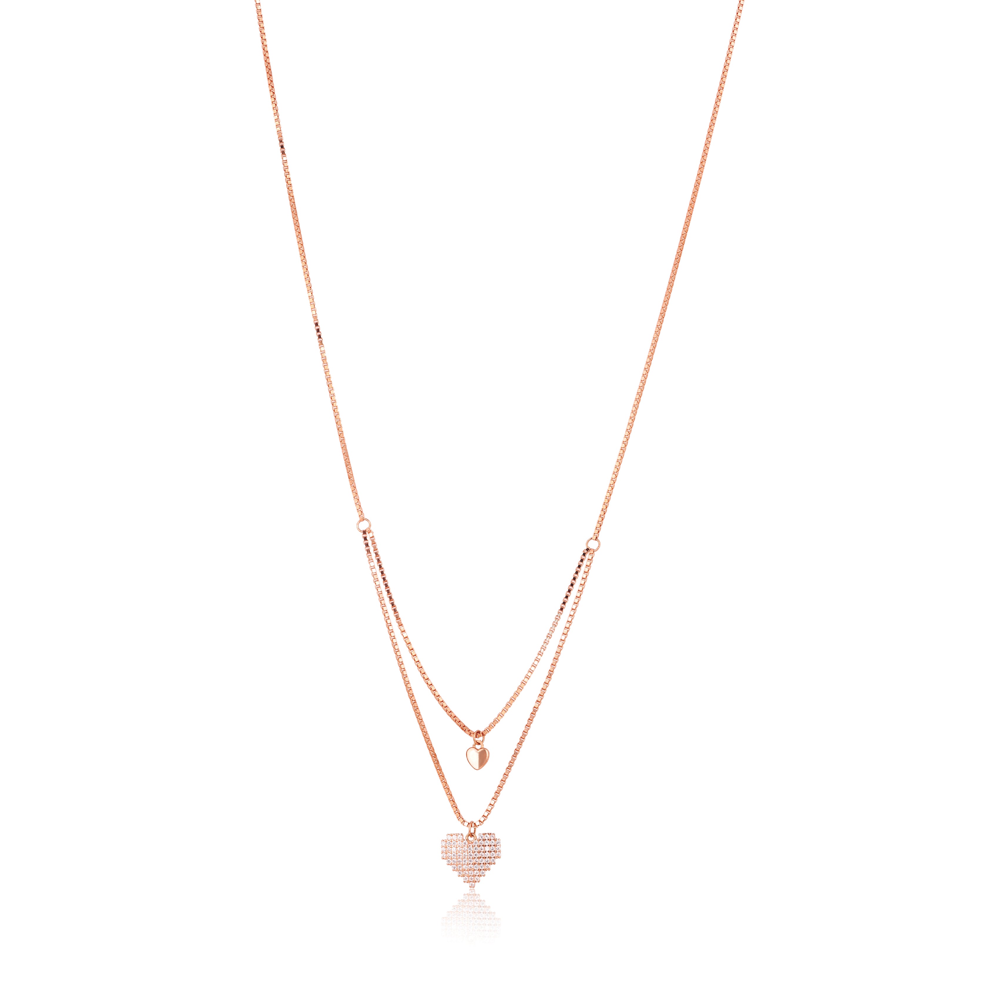 Rose gold necklace with heart pendant on a white background