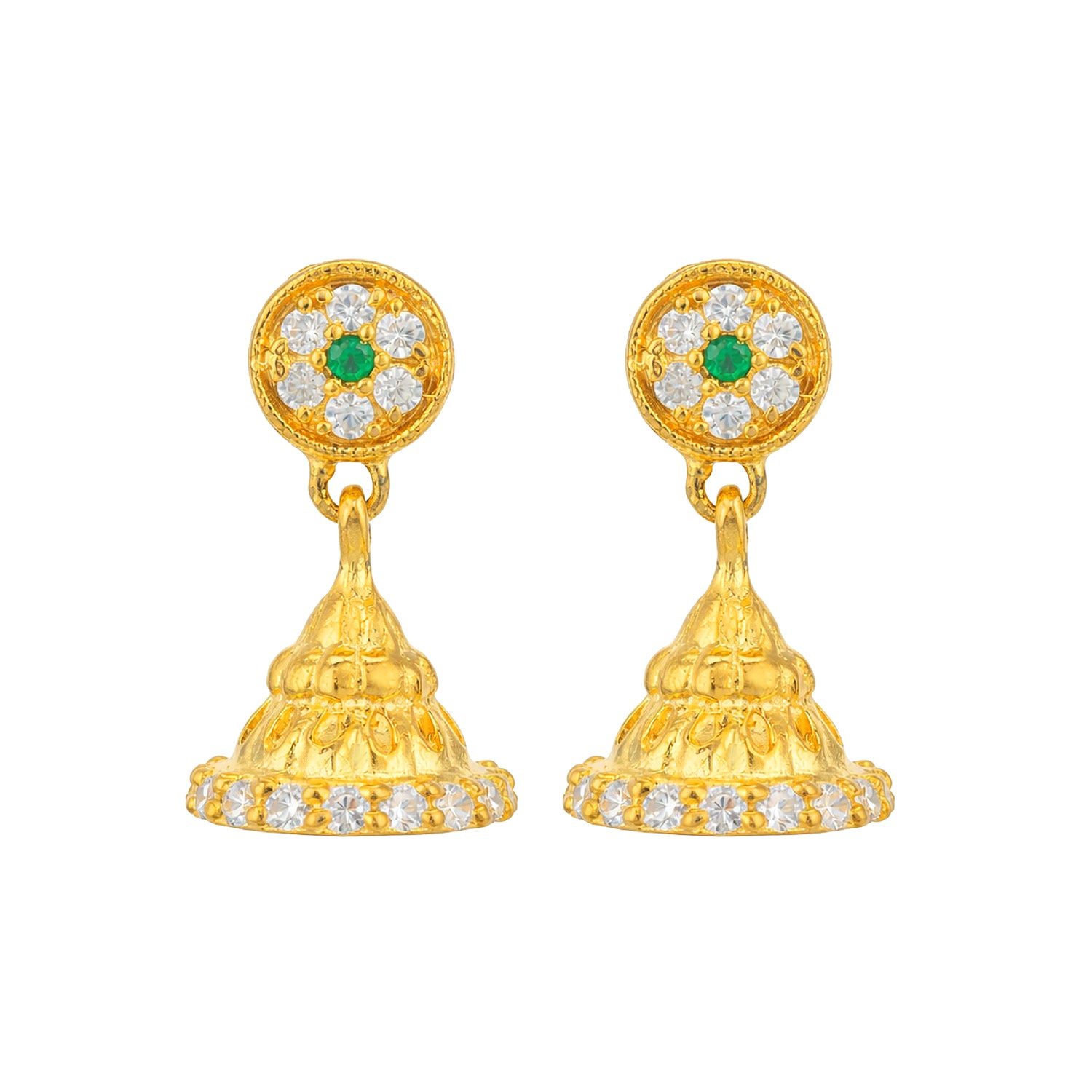 Gold earrings with green and clear gemstones on a white background