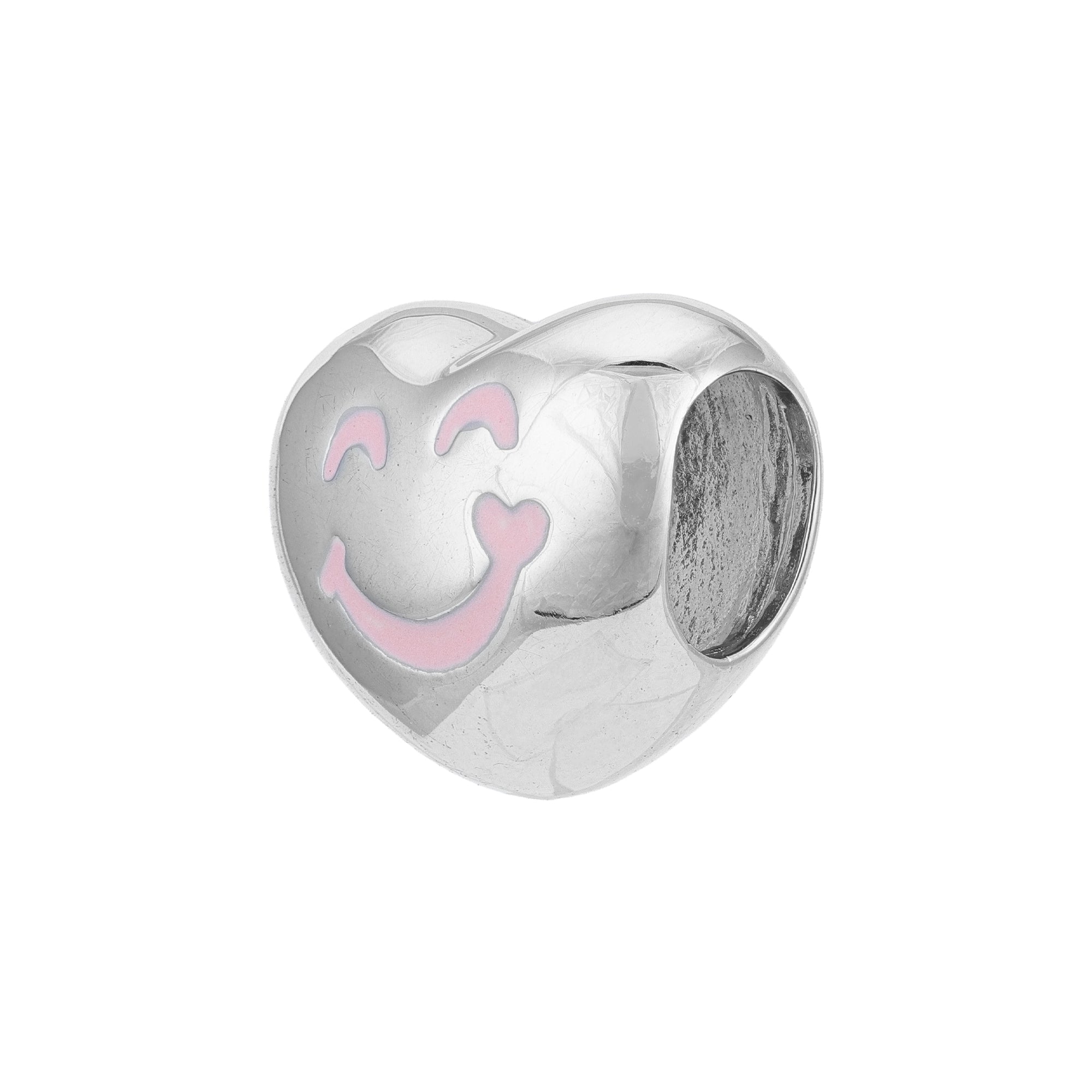 Silver heart-shaped charm with pink smiley face on a white background