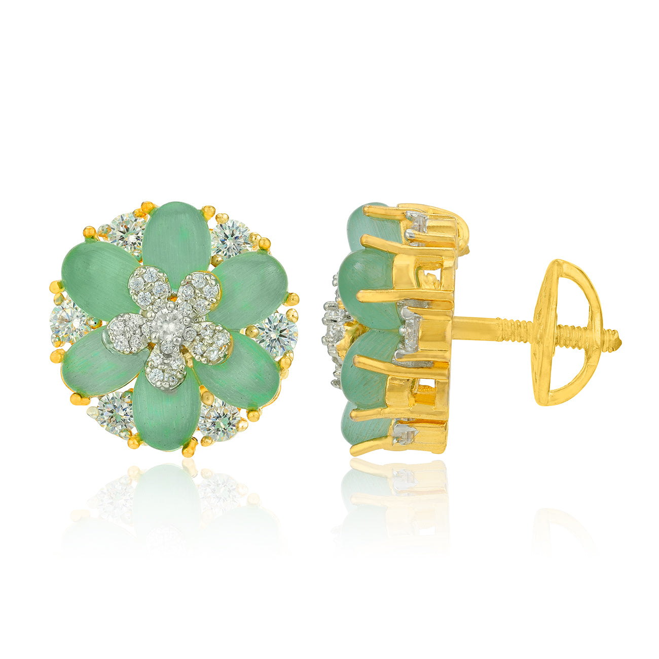 Green floral earrings with gold and diamond accents on a white background