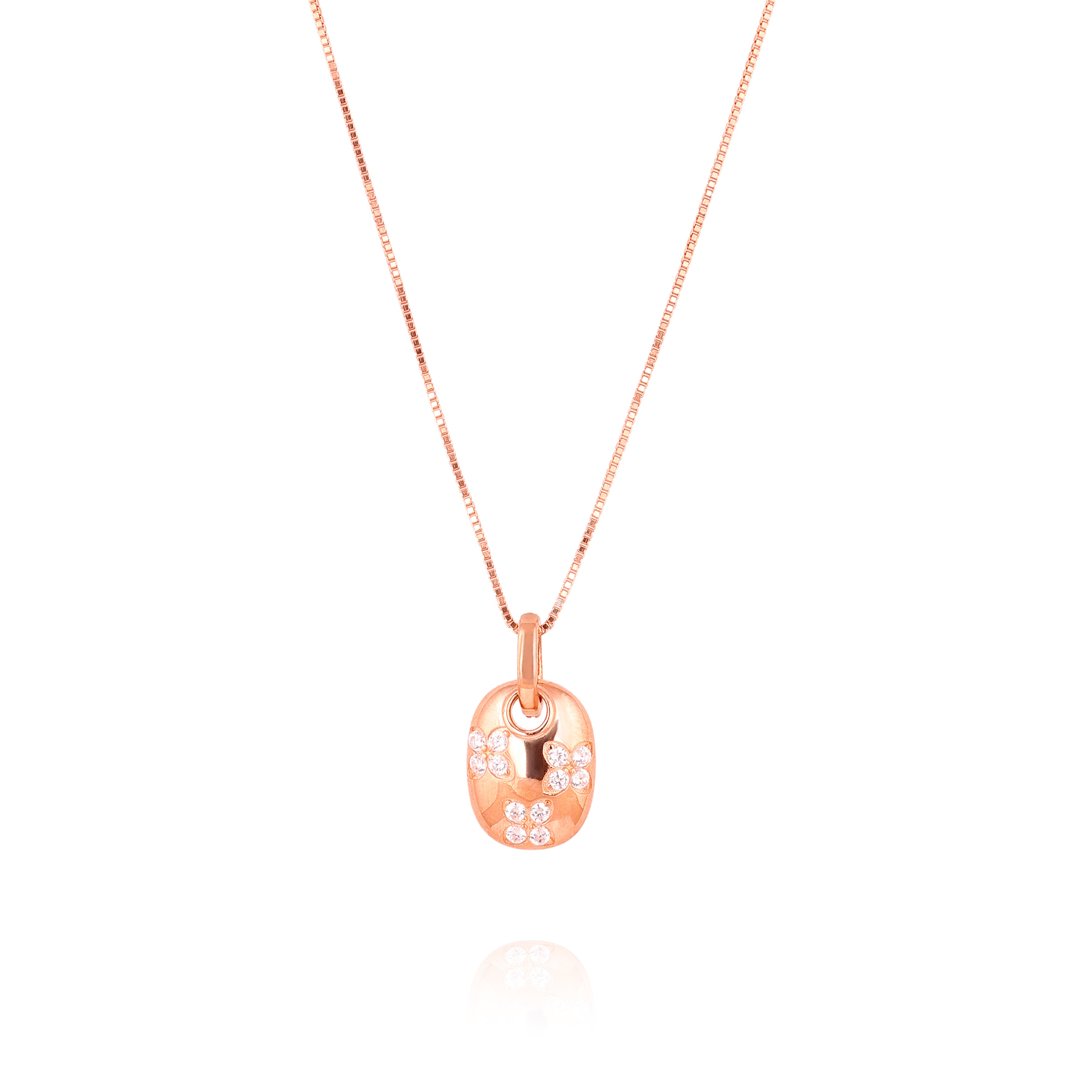 Rose gold necklace with a heart-shaped pendant on a white background