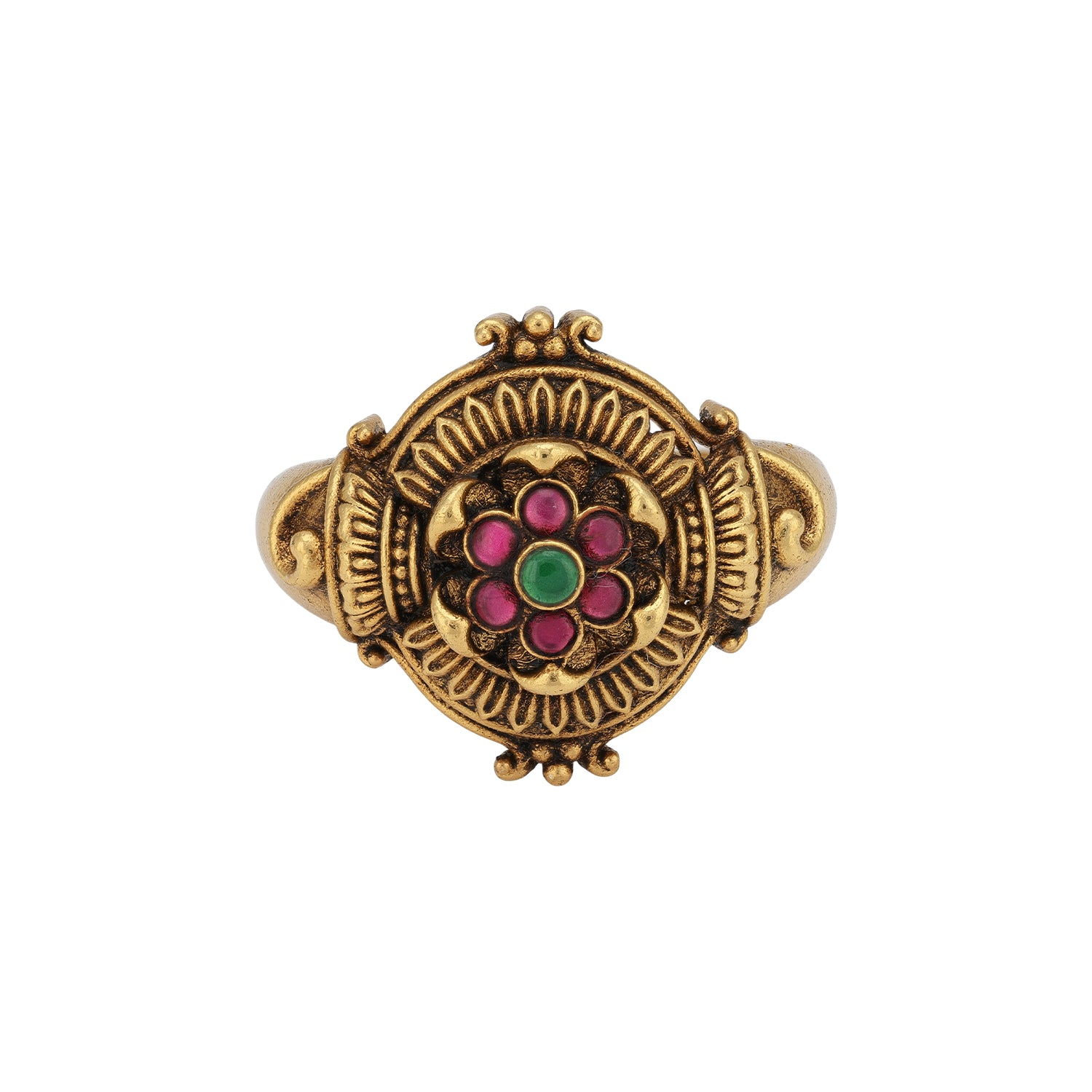 925 Sterling Silver Gold Plated Vintage Mandala Ruby Emerald Ring for Women