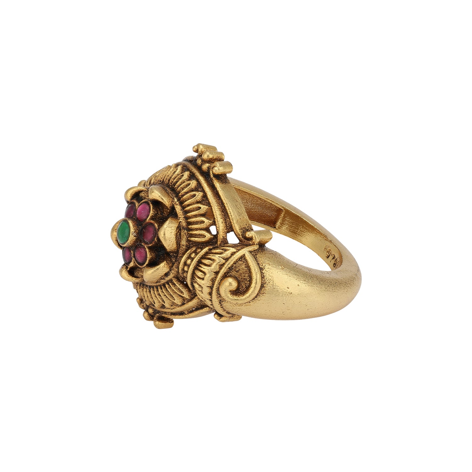 925 Sterling Silver Gold Plated Vintage Mandala Ruby Emerald Ring for Women
