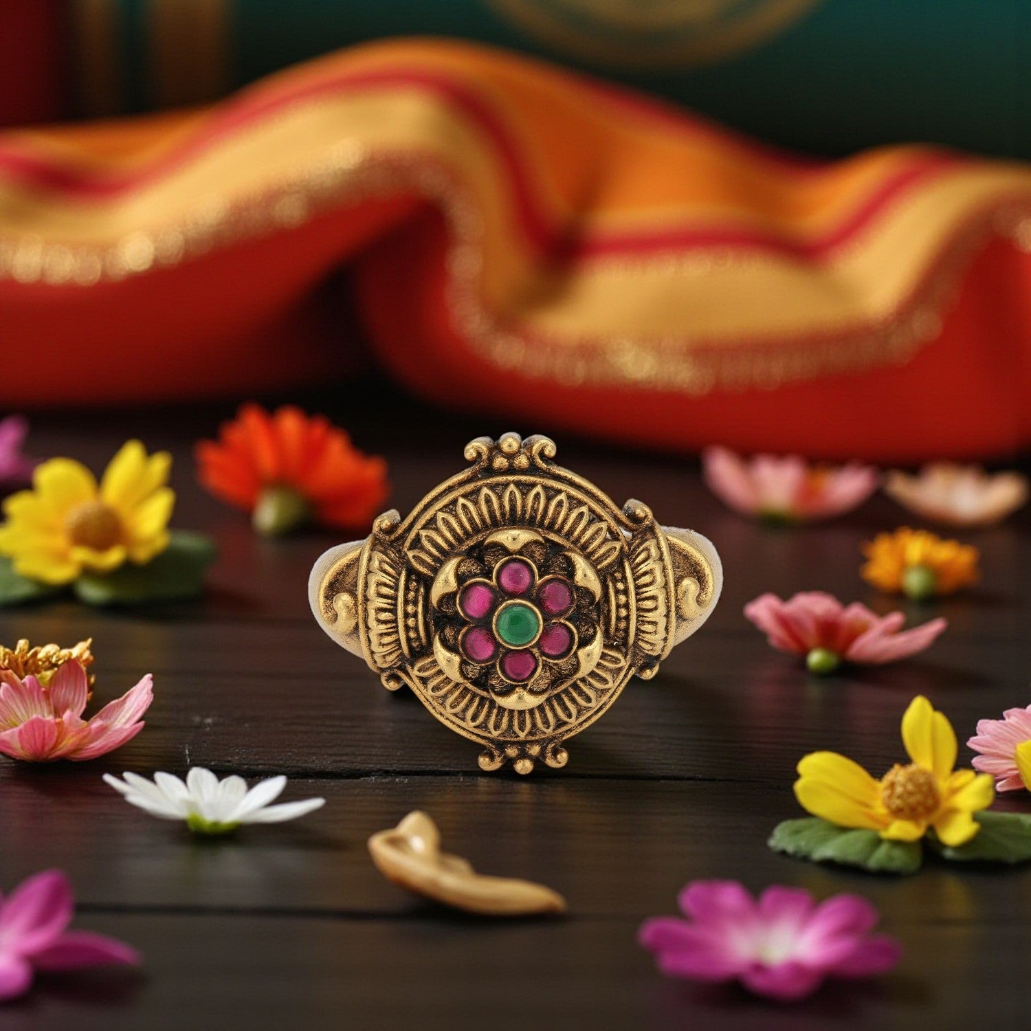 925 Sterling Silver Gold Plated Vintage Mandala Ruby Emerald Ring for Women