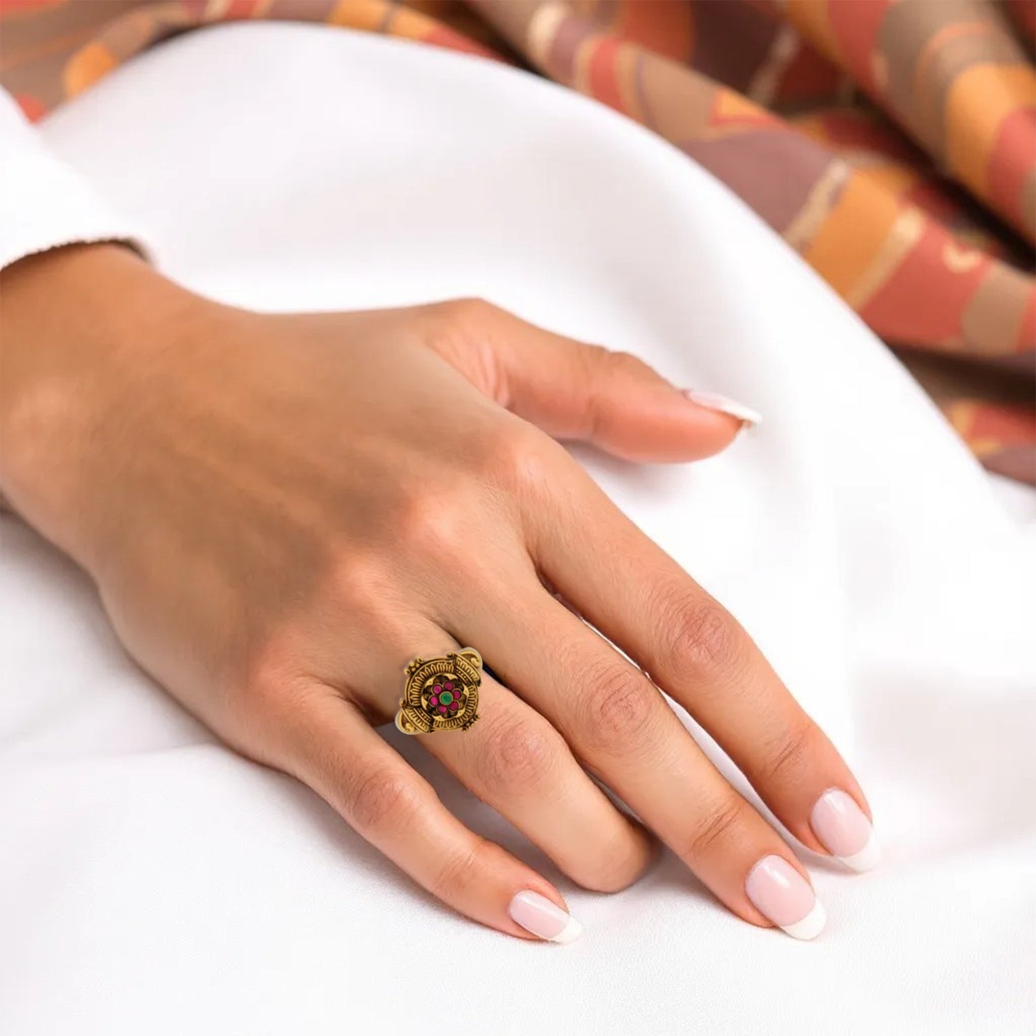 925 Sterling Silver Gold Plated Vintage Mandala Ruby Emerald Ring for Women