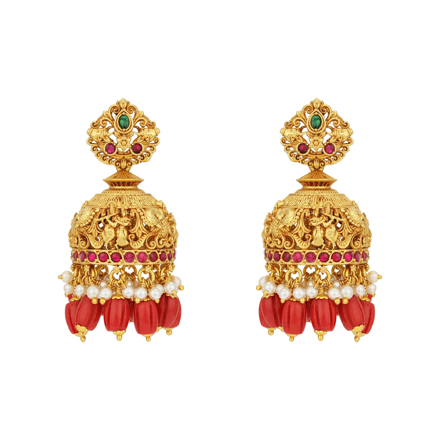 Grand Golden Radha Krishna Temple Ruby Pearl Fringe 925 Sterling Silver Jhumka for Women