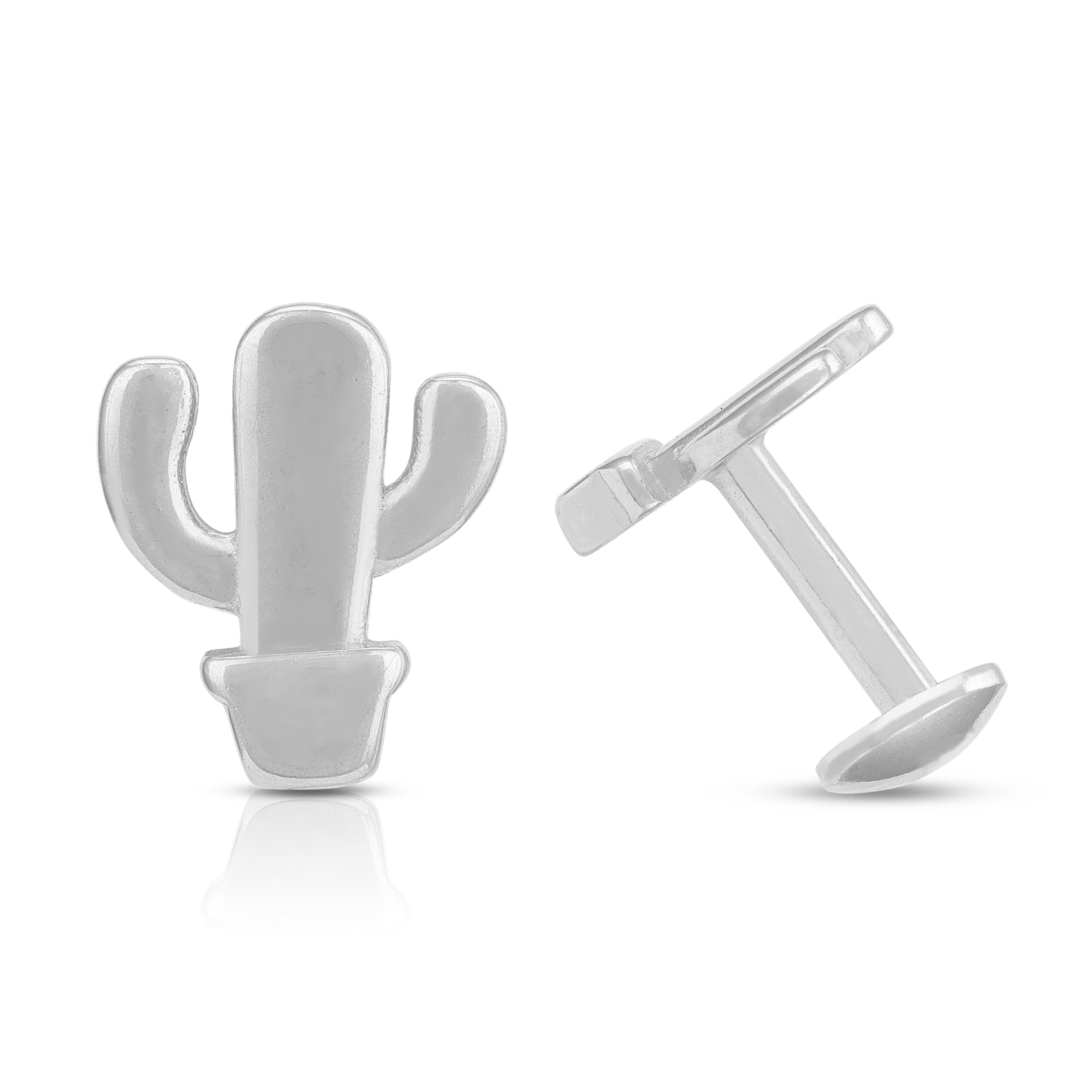 Silver cactus-shaped earrings on a white background