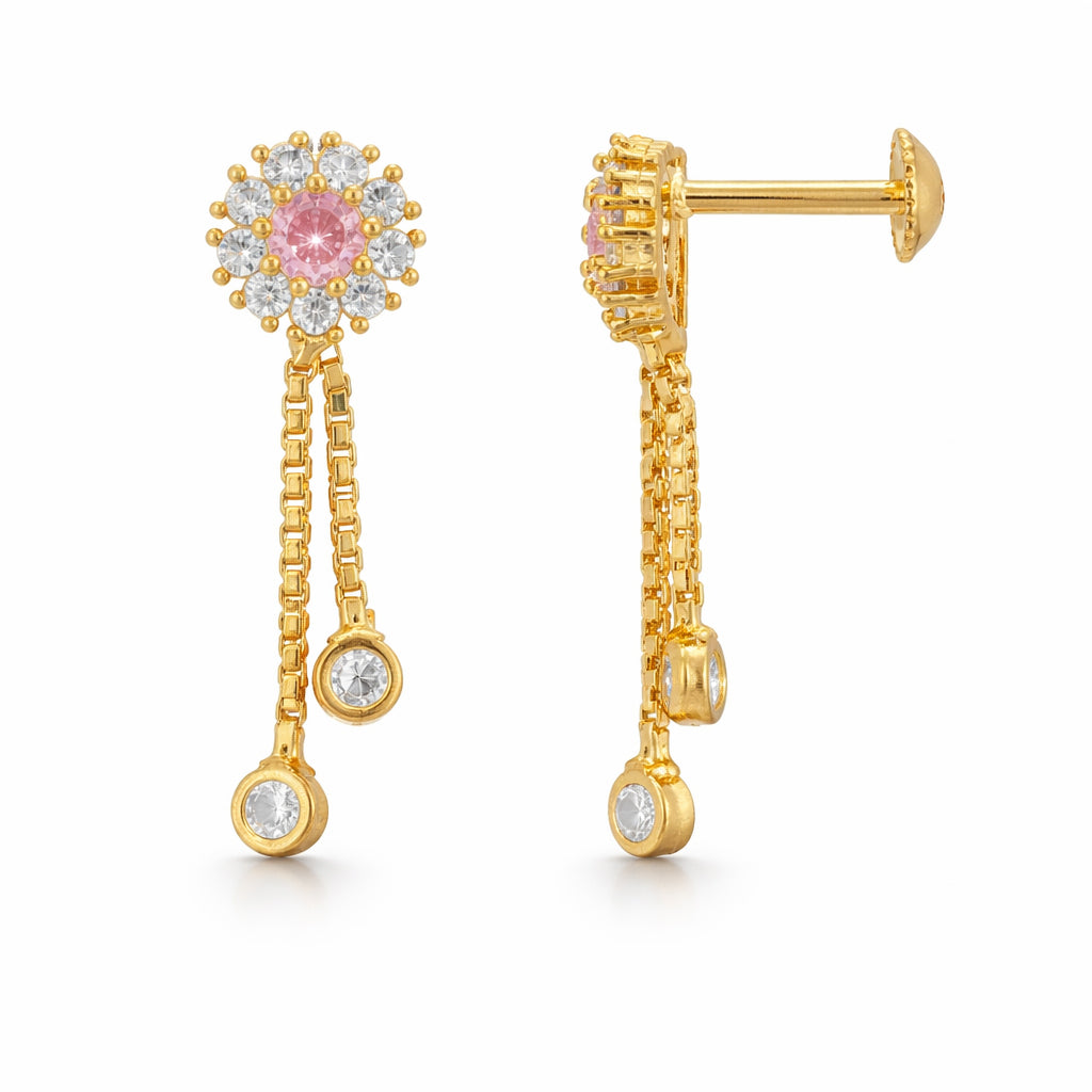 Gold earrings with pink gemstone and dangling beads on a white background