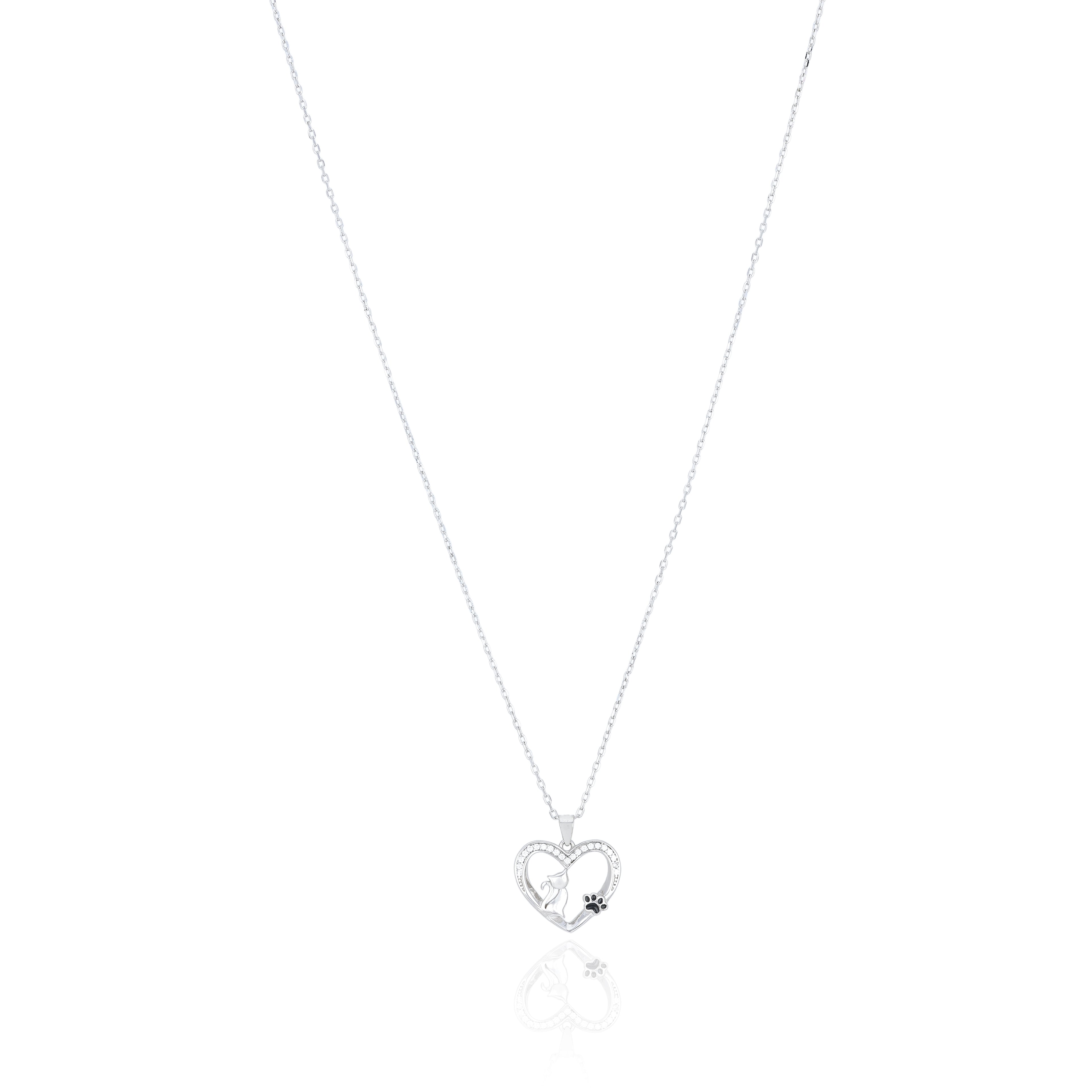 Cat Motif Heart Silver Chain Pendant