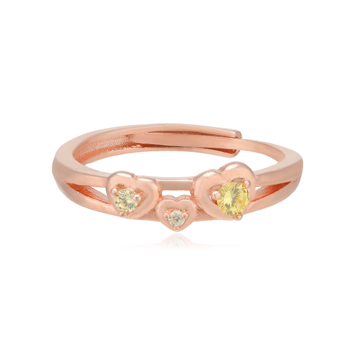 Centred Yellow Stone Rose Gold Plated Triple Heart Rings