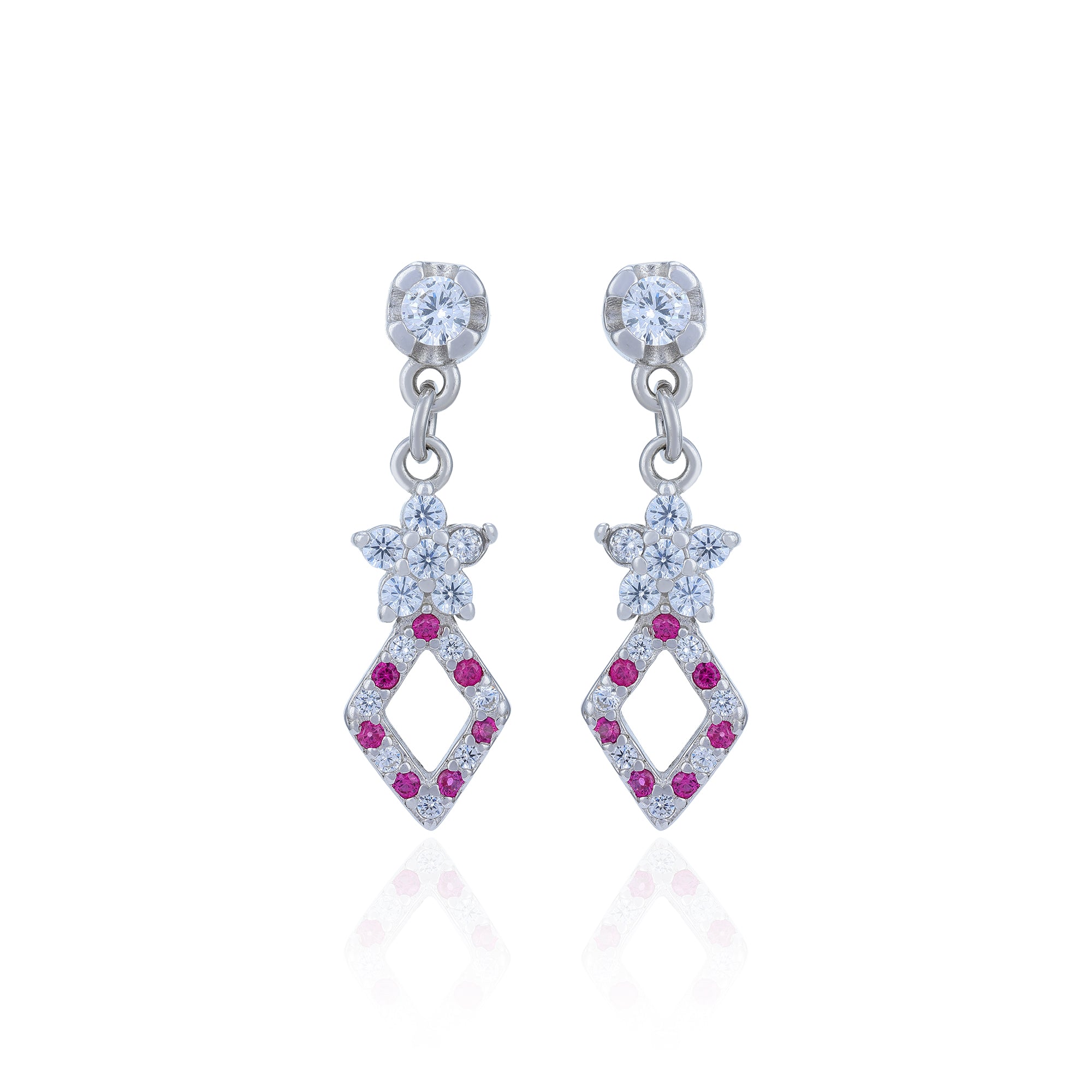 Pair of diamond-shaped earrings with star and gemstone details on a white background