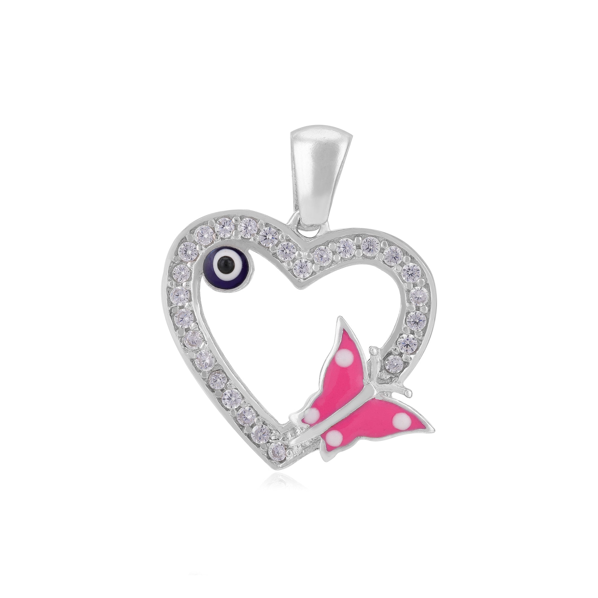 925 Charmed Pink Butterfly Rhodium Plated Evil Eye Heart Pendants