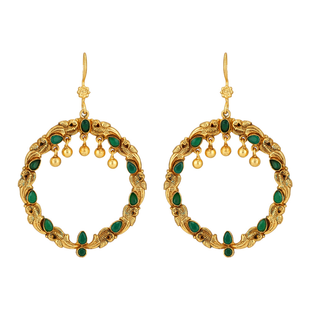Circular Ring Parrot 925 Gold Plated Lush Green Detail Earrings