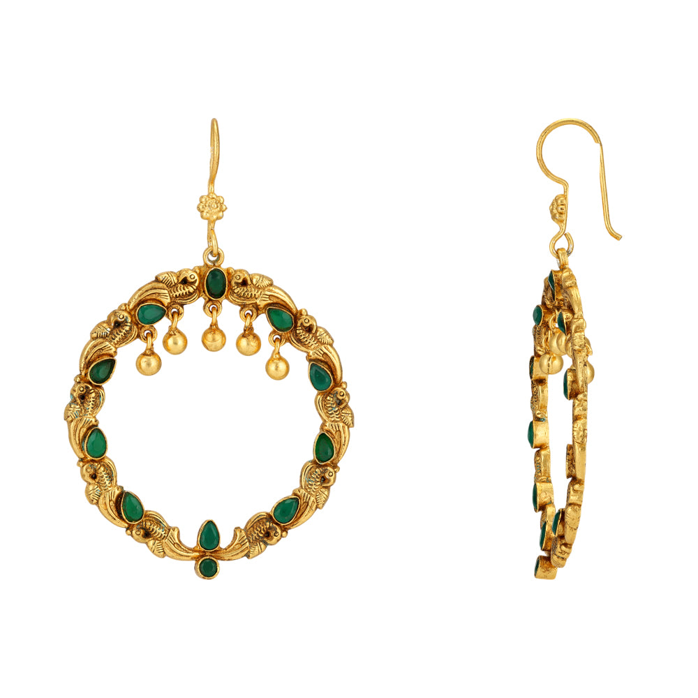 Circular Ring Parrot 925 Gold Plated Lush Green Detail Earrings