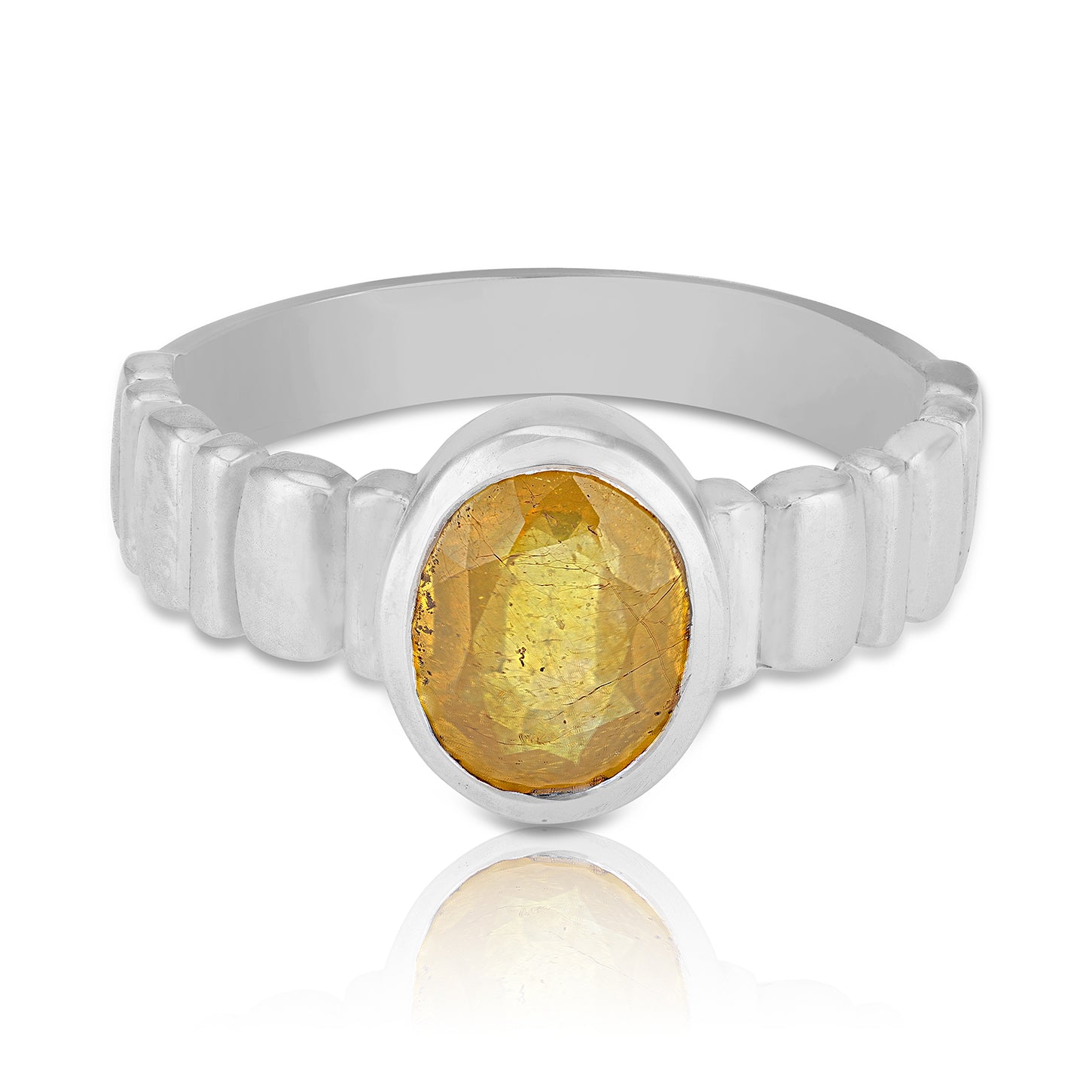 Classic Bezel-Set Yellow Sapphire Polished Silver with Vertical Bar Texture Band for Men