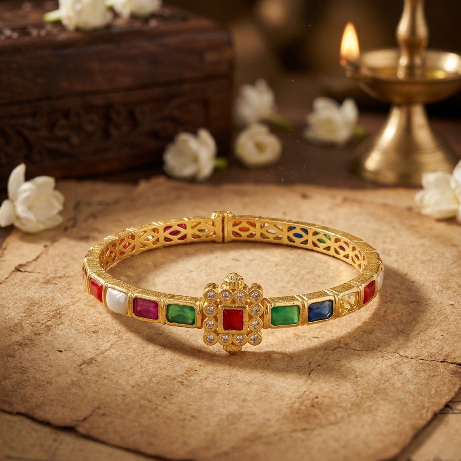 Classic Gold Plated 925 Sterling Silver Navaratna Inspired Bangle for Women