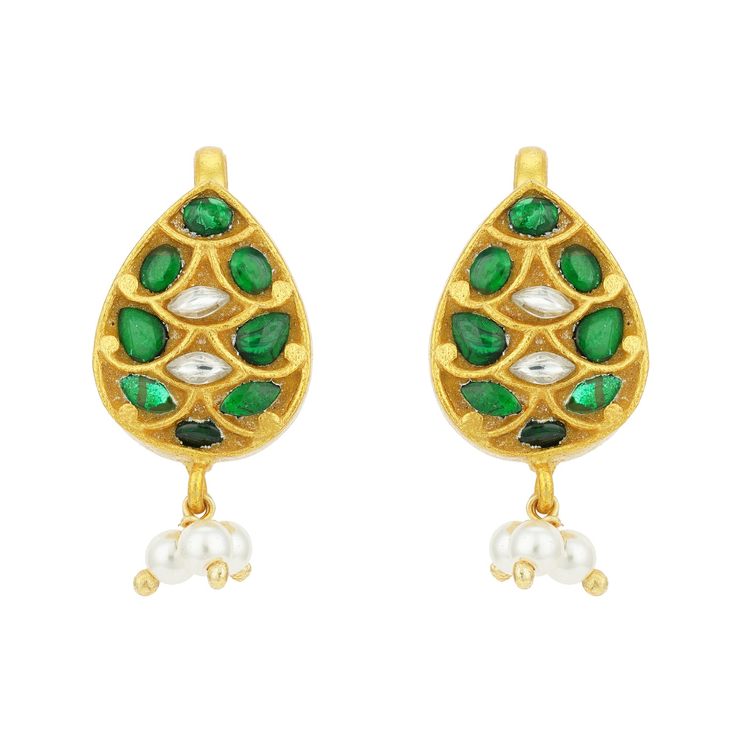 Classic Gold Plated Green Stone Teardrop 925 Sterling Silver Pearl Drop Earring for Women