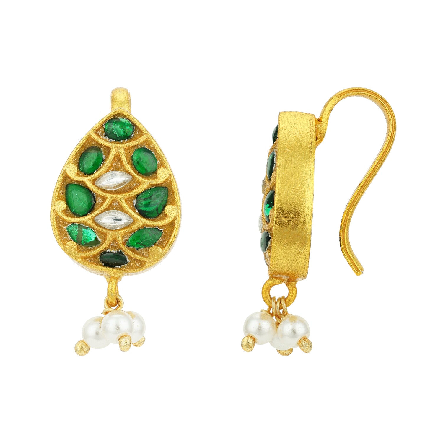 Classic Gold Plated Green Stone Teardrop 925 Sterling Silver Pearl Drop Earring for Women