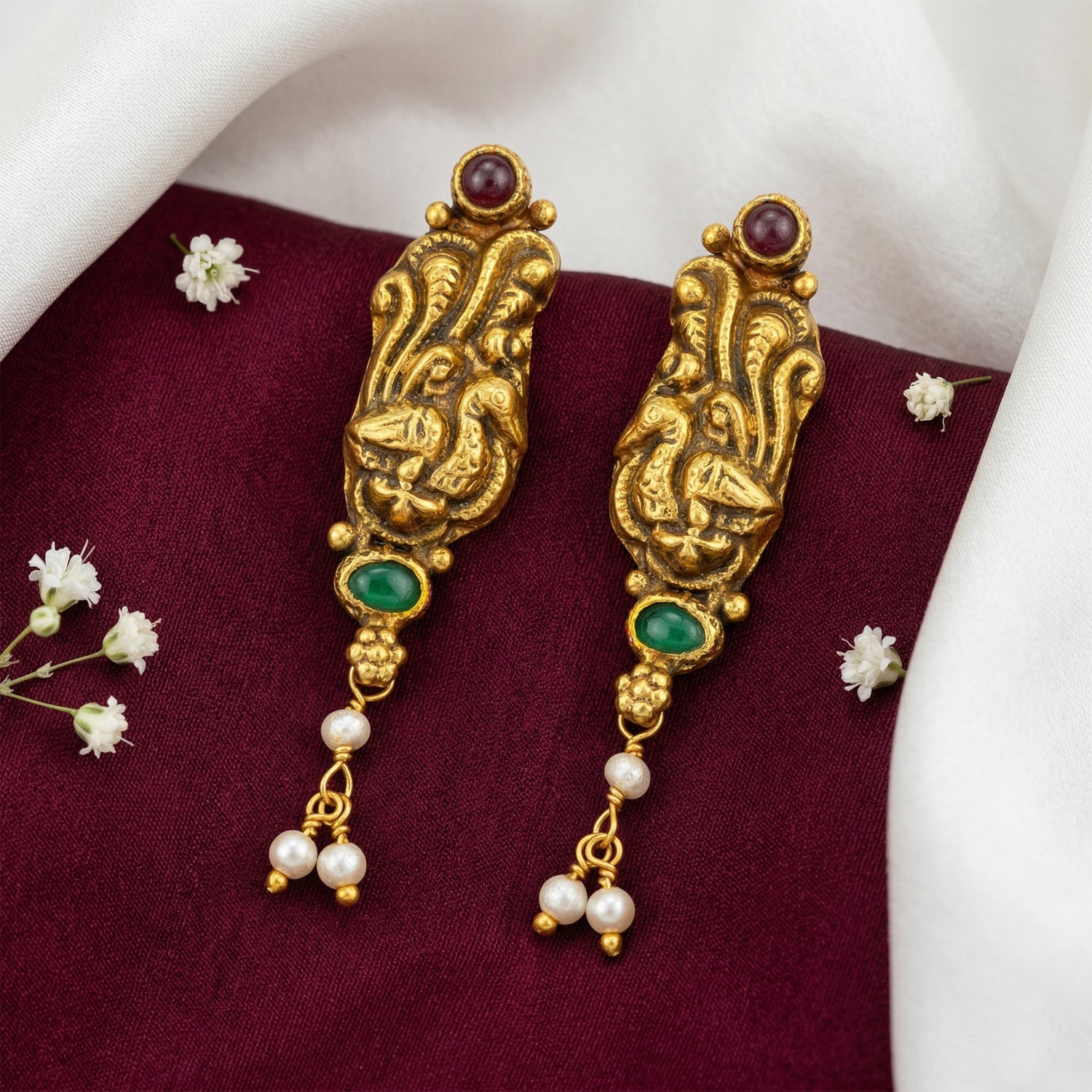 Classic Gold Toned Peacock Motif 925 Sterling Silver Pearl Drop Earring for Women
