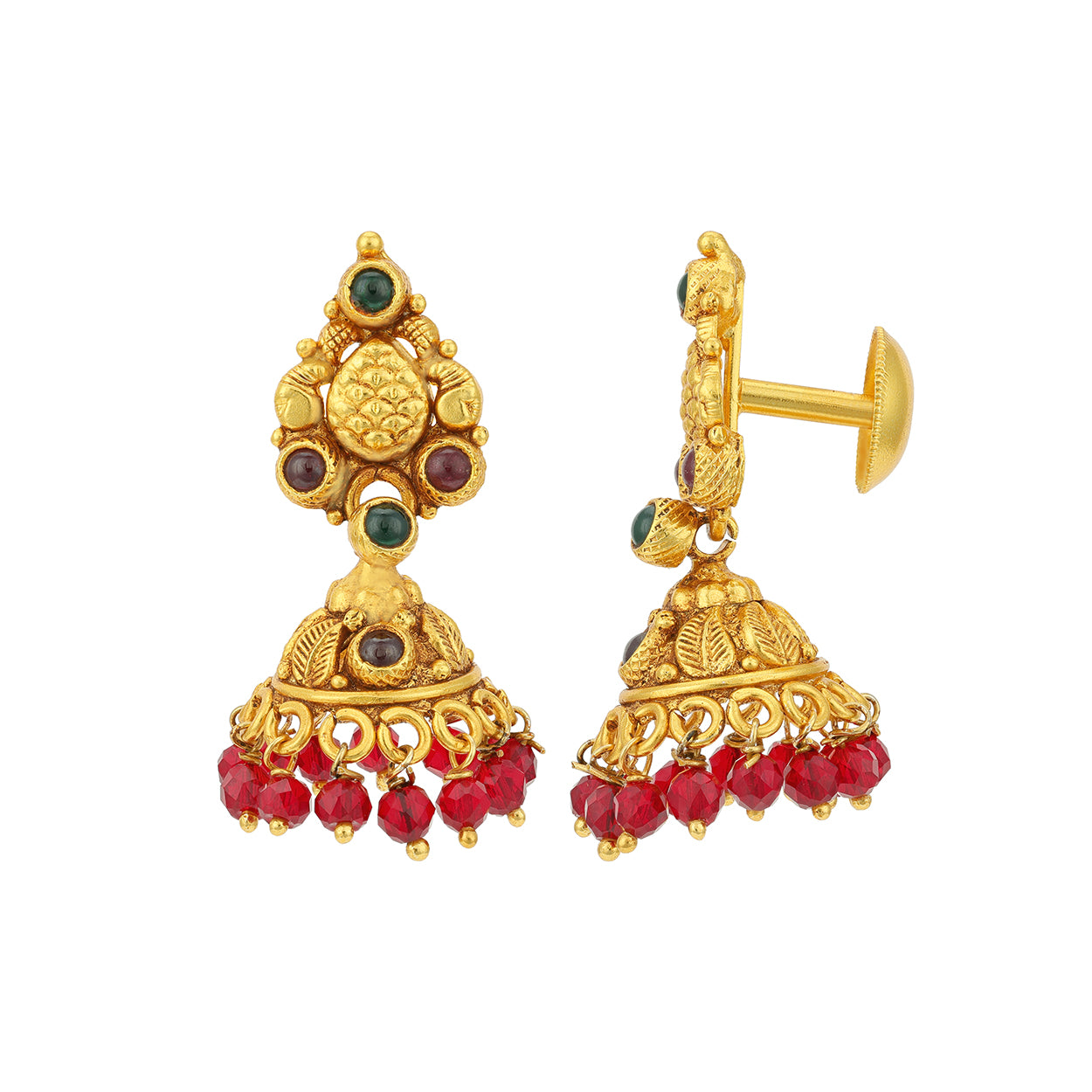Classic Green Red Stone Gold Plated Red Bead Drop 925 Sterling Silver Jhumka for Women