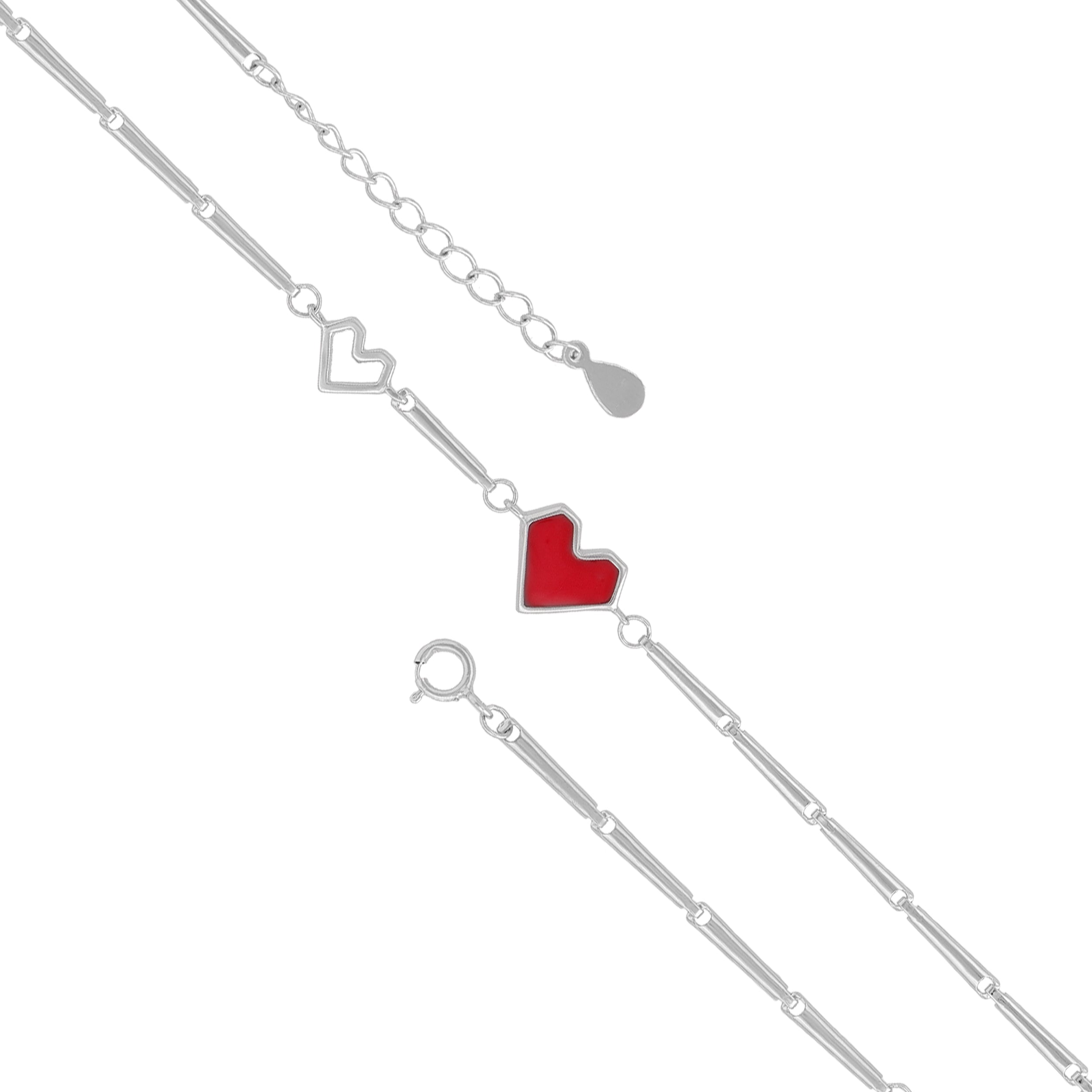 925 Classic Heart Duo Rhodium Plated Red Plain Heart Bracelet