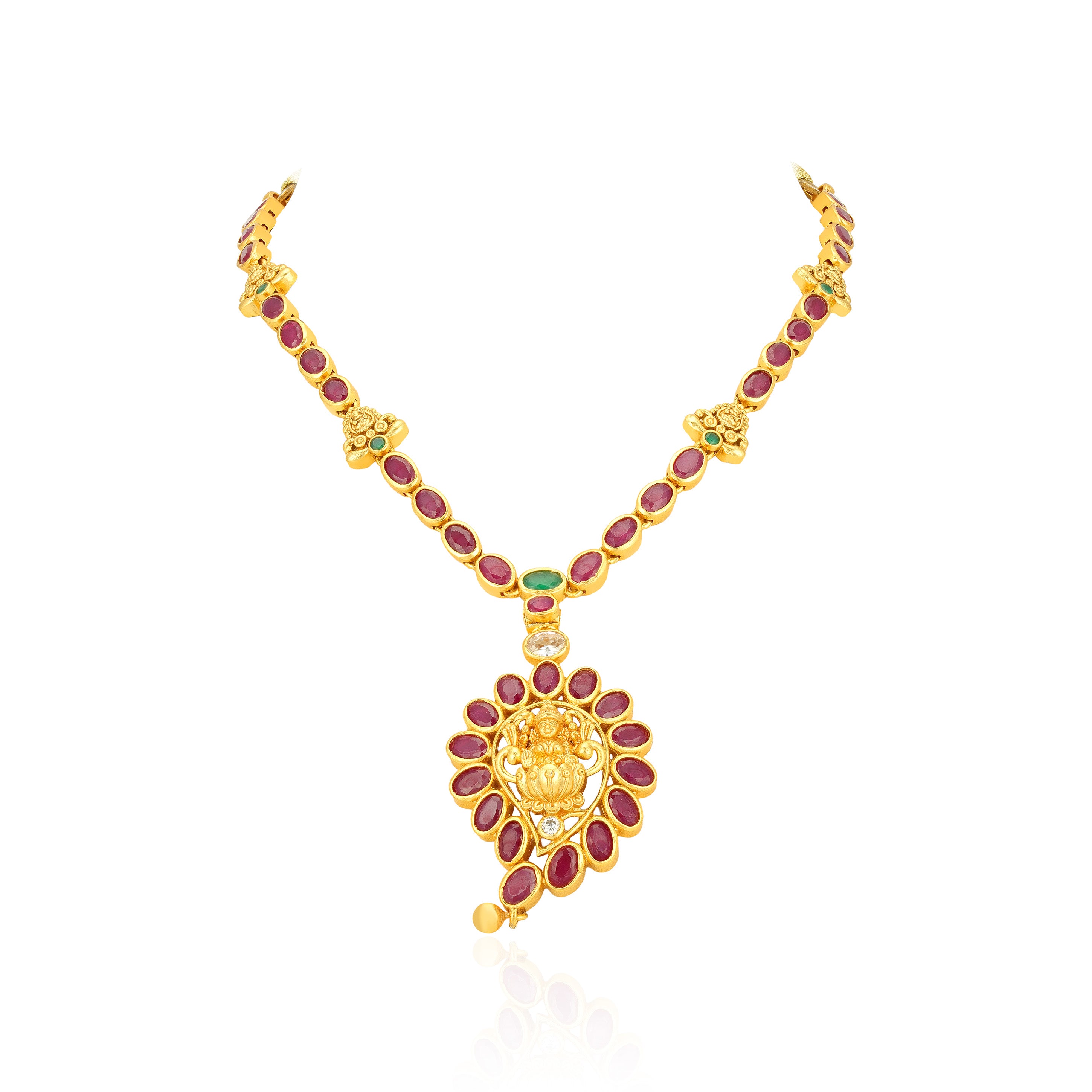 Classic Kempu Pink Stone Lakshmi 925 Sterling Silver Gold Drop Short Haram for Women