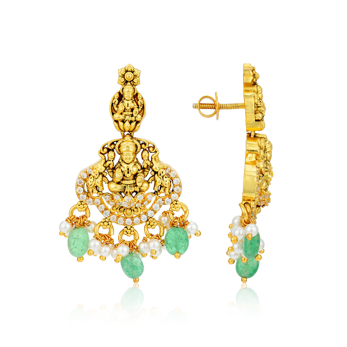 Gold earrings with green and white stones on a white background