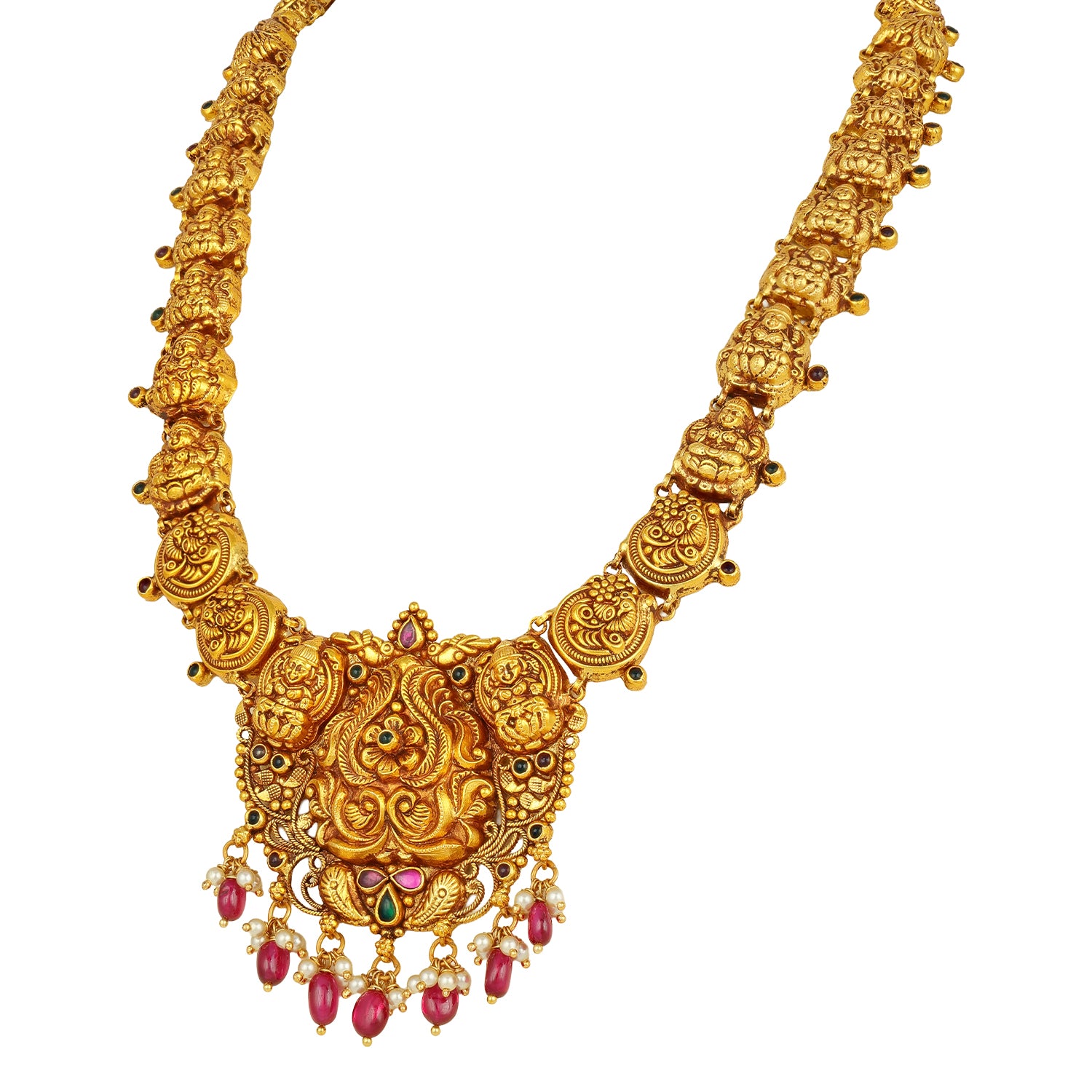 Classic Lakshmi Temple Peacock Cluster 925 Sterling Silver Pearl Pink Drop Haram for Women