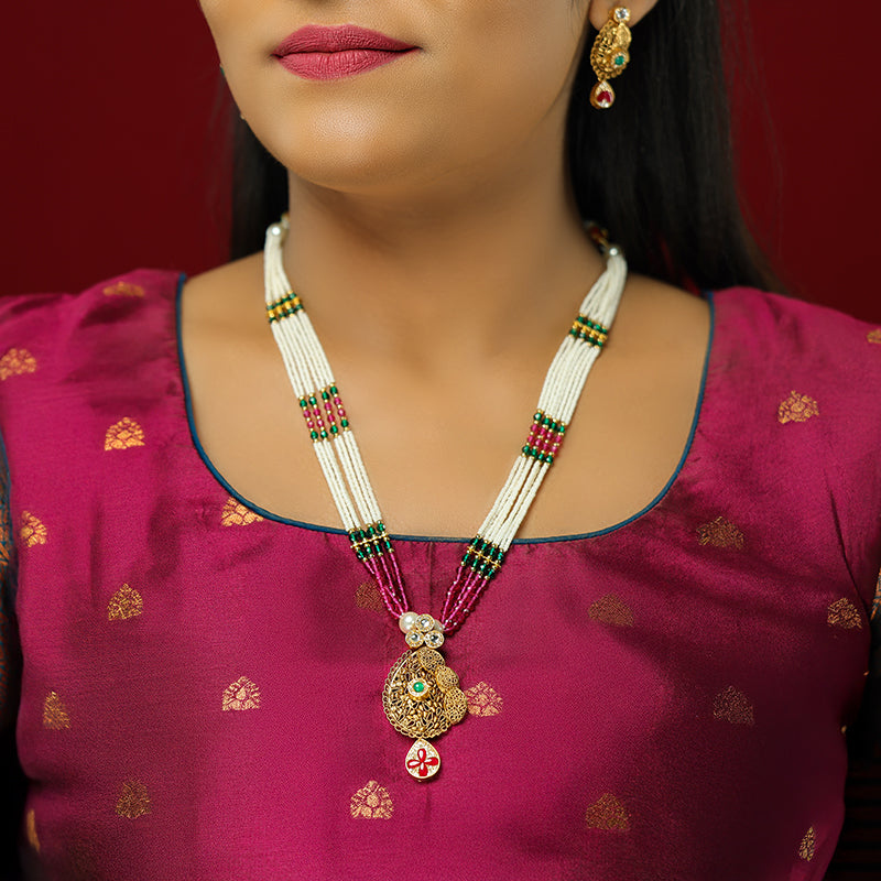 Colourful Pearls 925 Gold Plated Dazzling Allure Pendant Haram